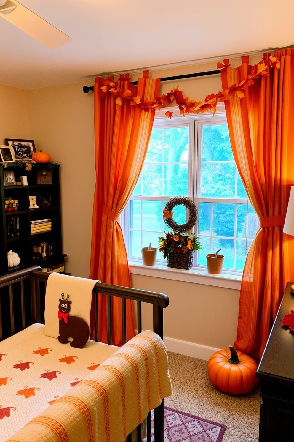 A warm and inviting nursery decorated for Thanksgiving. The room features autumn colored curtains that gently frame the window, creating a cozy atmosphere filled with hues of orange, yellow, and deep red.