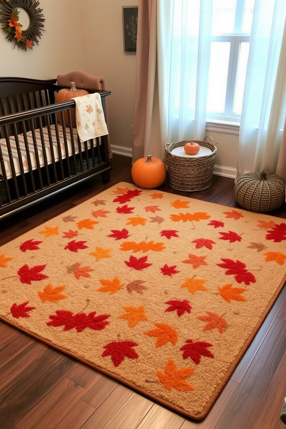 A cozy Thanksgiving themed area rug featuring warm autumn colors with leaves and pumpkins scattered throughout. The rug adds a touch of seasonal charm to the nursery, creating a welcoming atmosphere for family gatherings. For Thanksgiving nursery decorating ideas, incorporate soft, earthy tones in the bedding and curtains to complement the rug. Add decorative elements like small pumpkins and fall-themed wall art to enhance the festive spirit.