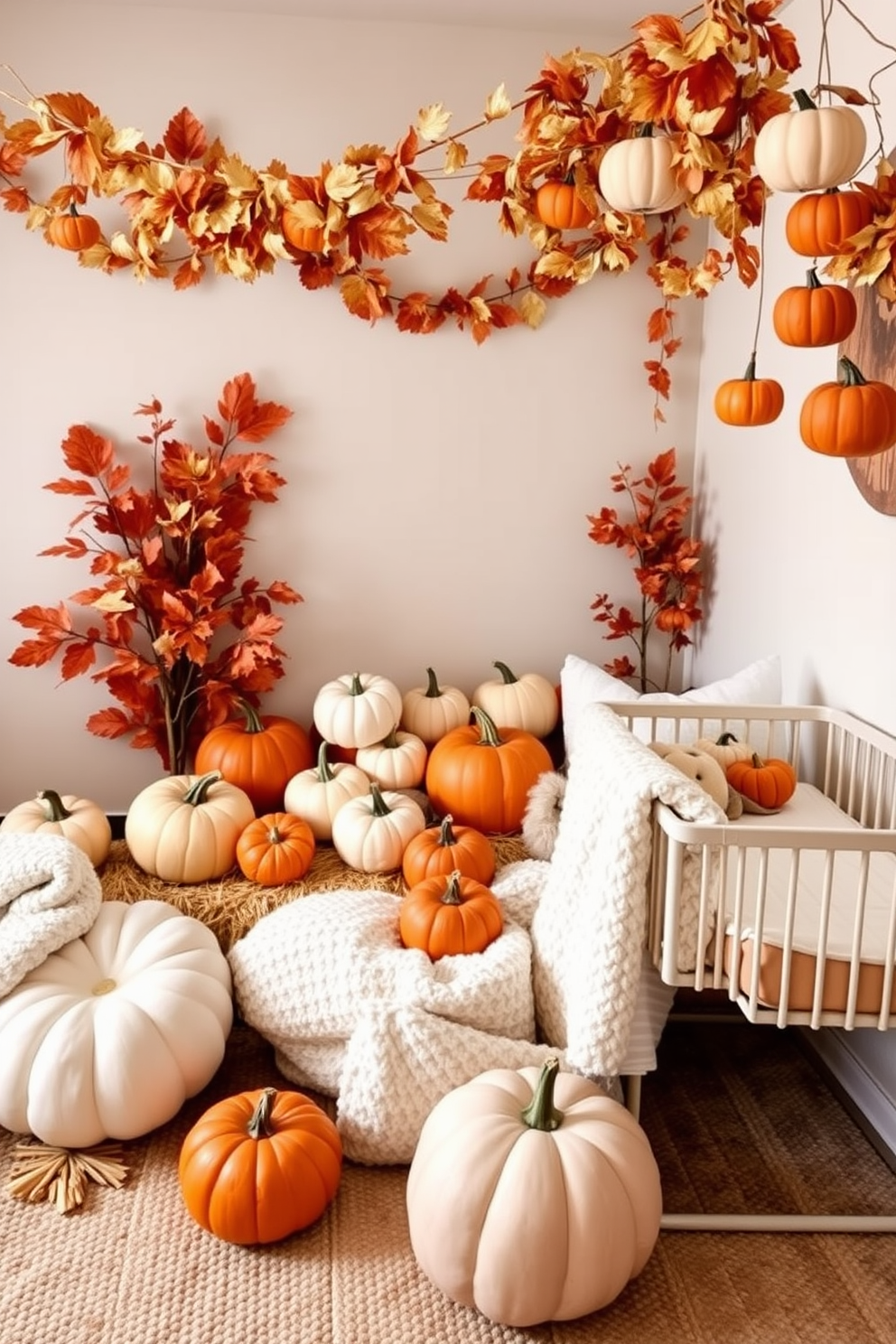 A cozy pumpkin patch corner setup features a variety of pumpkins in different sizes and colors arranged on hay bales. Soft blankets and plush cushions are scattered around to create a warm and inviting atmosphere perfect for family gatherings. Thanksgiving nursery decorating ideas include whimsical garlands made of autumn leaves and miniature pumpkins hanging from the ceiling. A soft, neutral color palette with touches of gold and orange adds a festive yet soothing vibe to the space.