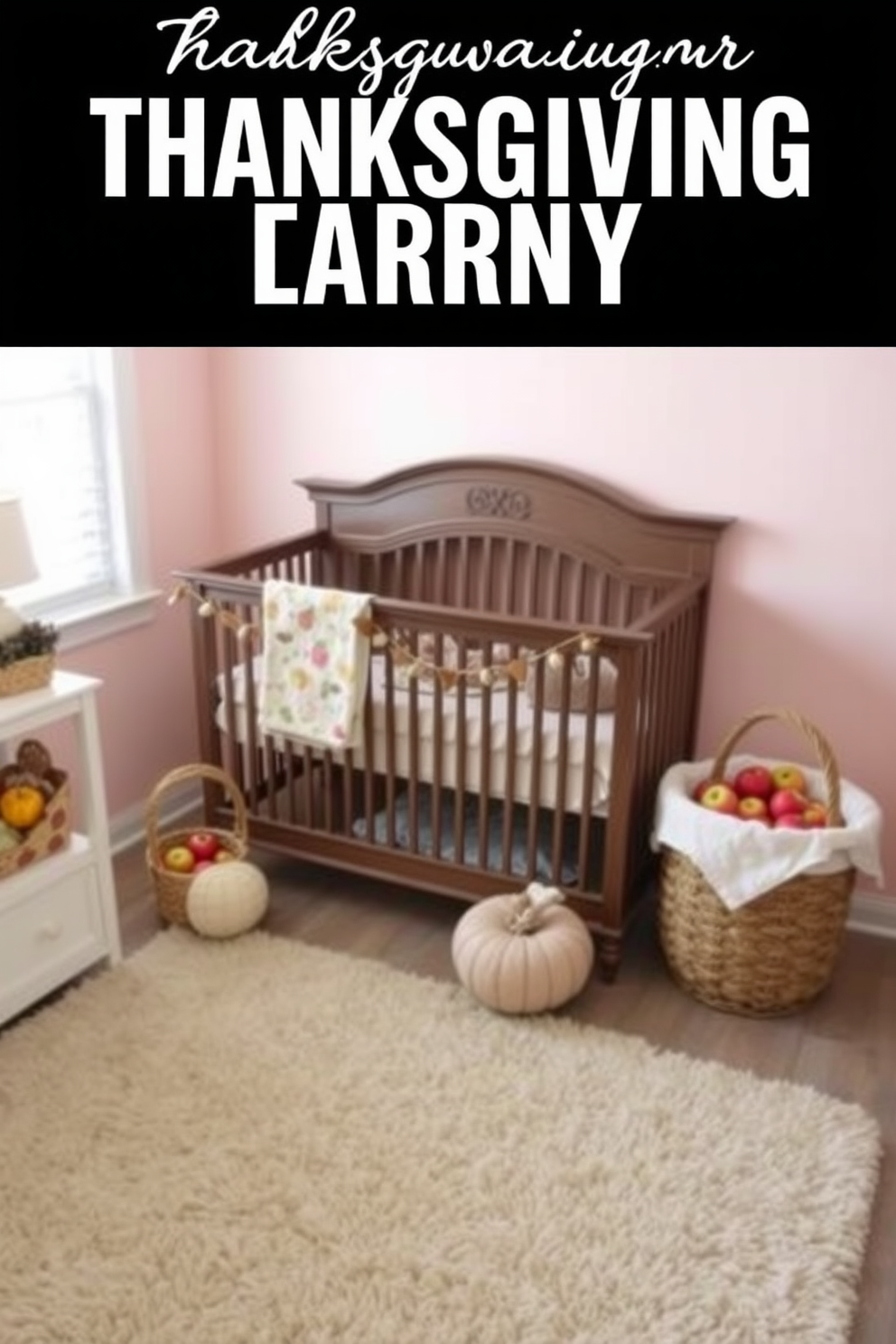 A cozy nursery decorated for Thanksgiving features decorative baskets filled with faux apples placed thoughtfully around the room. Soft pastel colors dominate the walls, while a plush area rug provides a warm space for playtime.