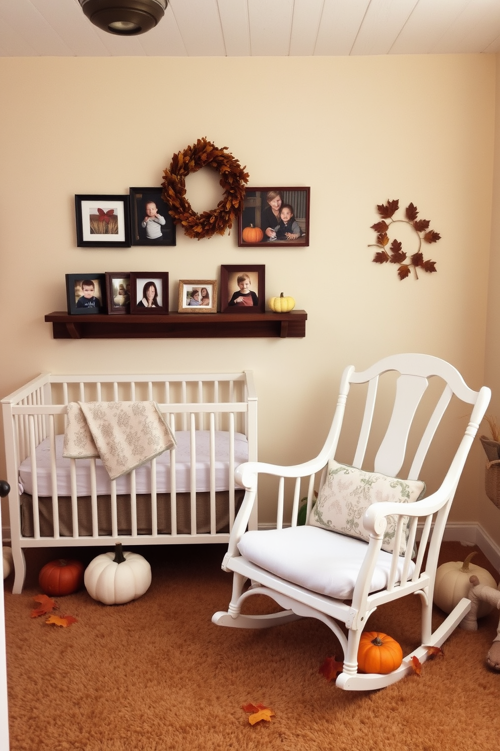 A cozy nursery adorned with fall-themed decorations. The walls are painted in soft cream, and a plush area rug in warm tones covers the floor. A collection of family photos in rustic fall frames is arranged on a wooden shelf. A beautifully crafted rocking chair sits nearby, surrounded by pumpkins and autumn leaves for a festive touch.