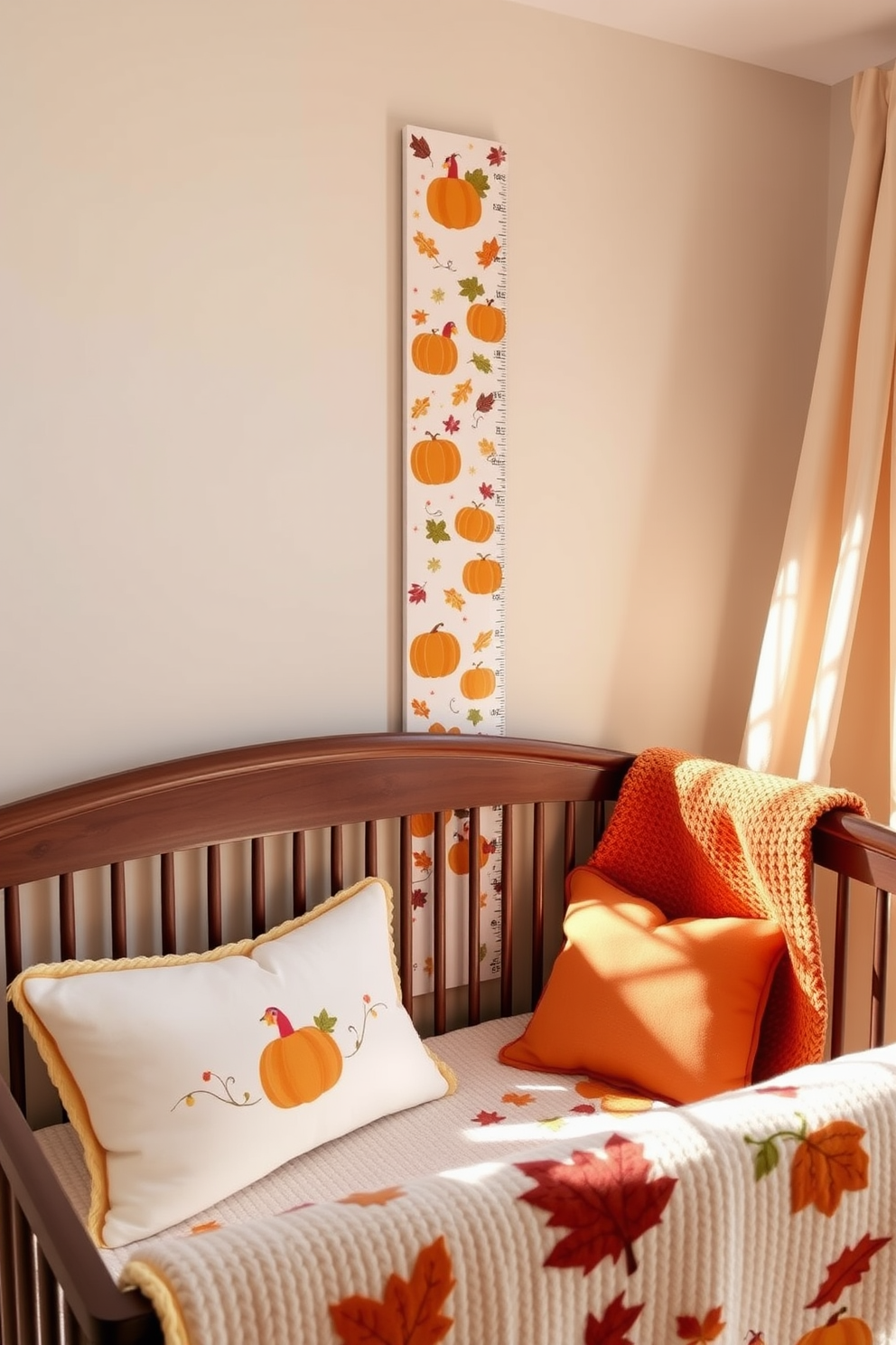 A charming Thanksgiving themed growth chart is affixed to the wall, featuring whimsical illustrations of pumpkins, turkeys, and autumn leaves. The chart is designed in warm, earthy tones that complement the nursery's overall decor. Soft, cozy accents in the nursery include plush pillows and a knitted blanket adorned with fall motifs. The room is filled with natural light, enhancing the cheerful atmosphere perfect for celebrating the season.