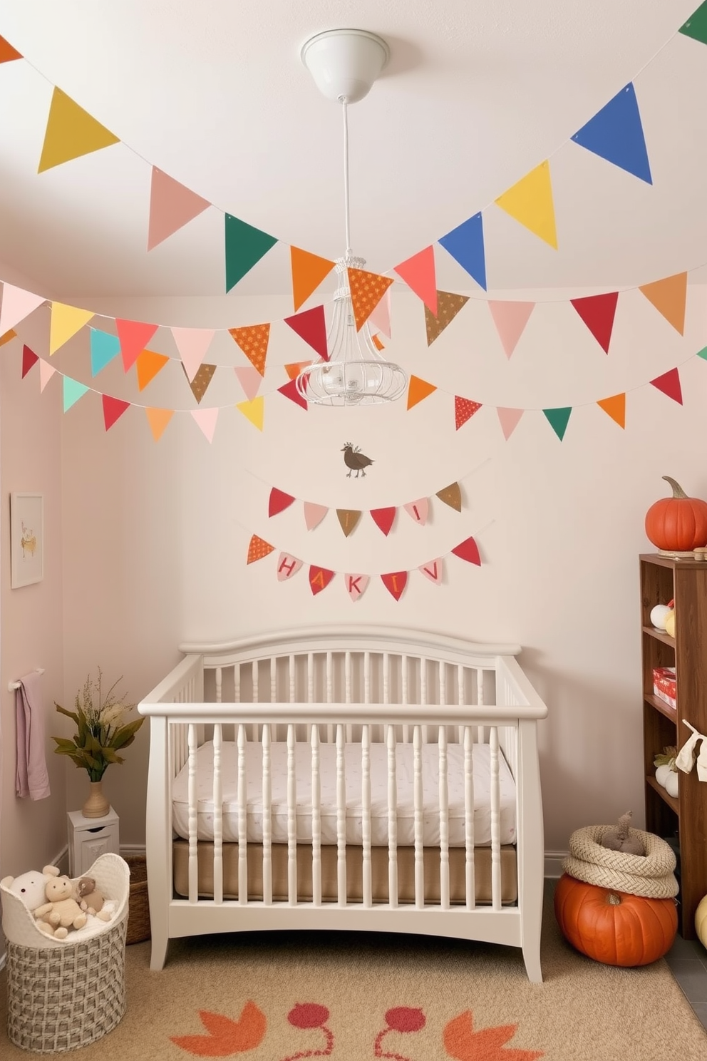 A cozy nursery adorned with colorful bunting flags hanging from the ceiling. The walls are painted in soft pastel shades, creating a warm and inviting atmosphere for a festive Thanksgiving celebration.