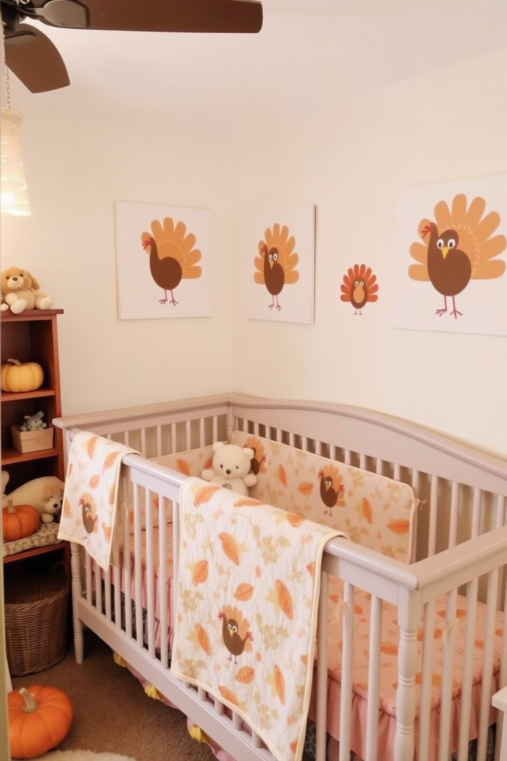 A cozy nursery decorated with whimsical turkey prints on the walls. Soft pastel colors create a warm and inviting atmosphere, perfect for a Thanksgiving theme.