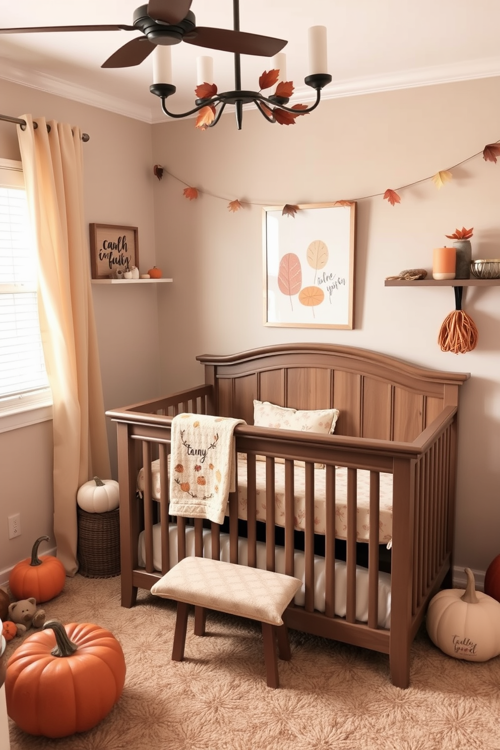 A warm and inviting nursery decorated for Thanksgiving. Soft pastel colors adorn the walls, while seasonal scent diffusers fill the air with comforting aromas of cinnamon and pumpkin spice.