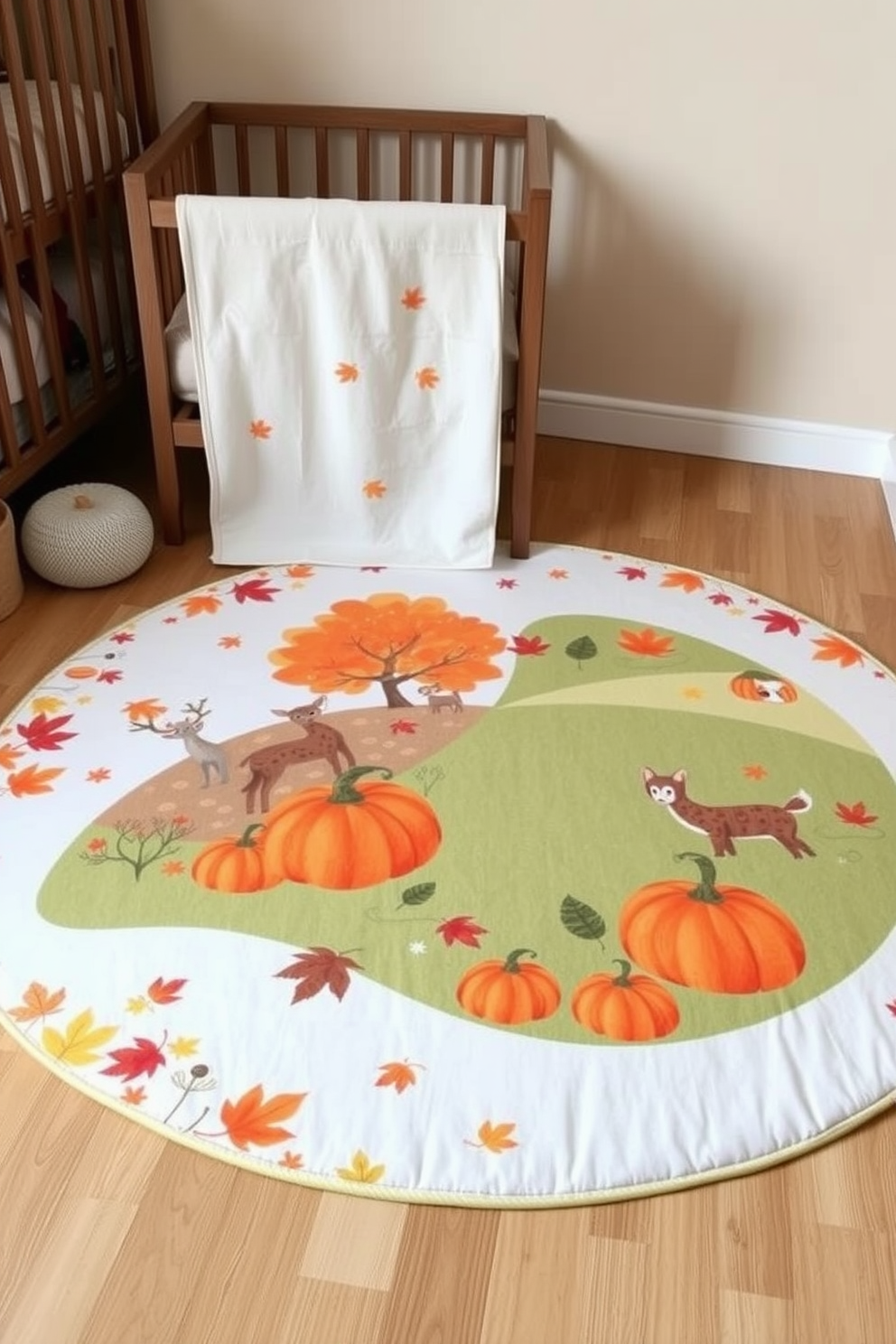 A cozy nursery play mat featuring an autumn landscape design. The mat is adorned with colorful leaves, pumpkins, and playful woodland animals, creating a warm and inviting atmosphere for Thanksgiving celebrations.