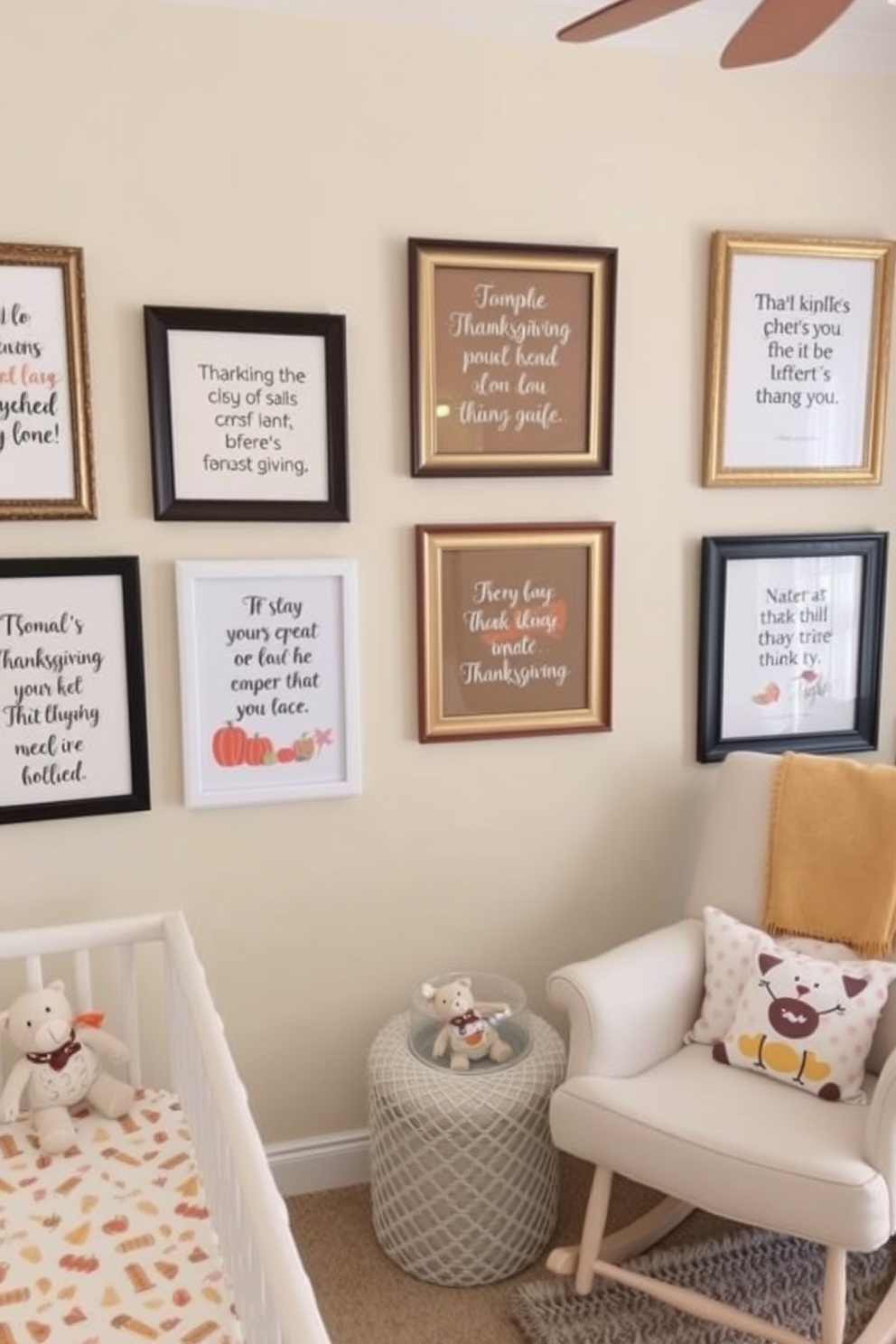 Thanksgiving quotes elegantly framed on the walls create a warm and inviting atmosphere. The quotes are displayed in various styles of frames, adding a touch of personality to the space. The nursery is adorned with soft pastel colors and whimsical patterns that inspire creativity. Cozy elements like plush toys and a comfortable rocking chair complete the nurturing environment.