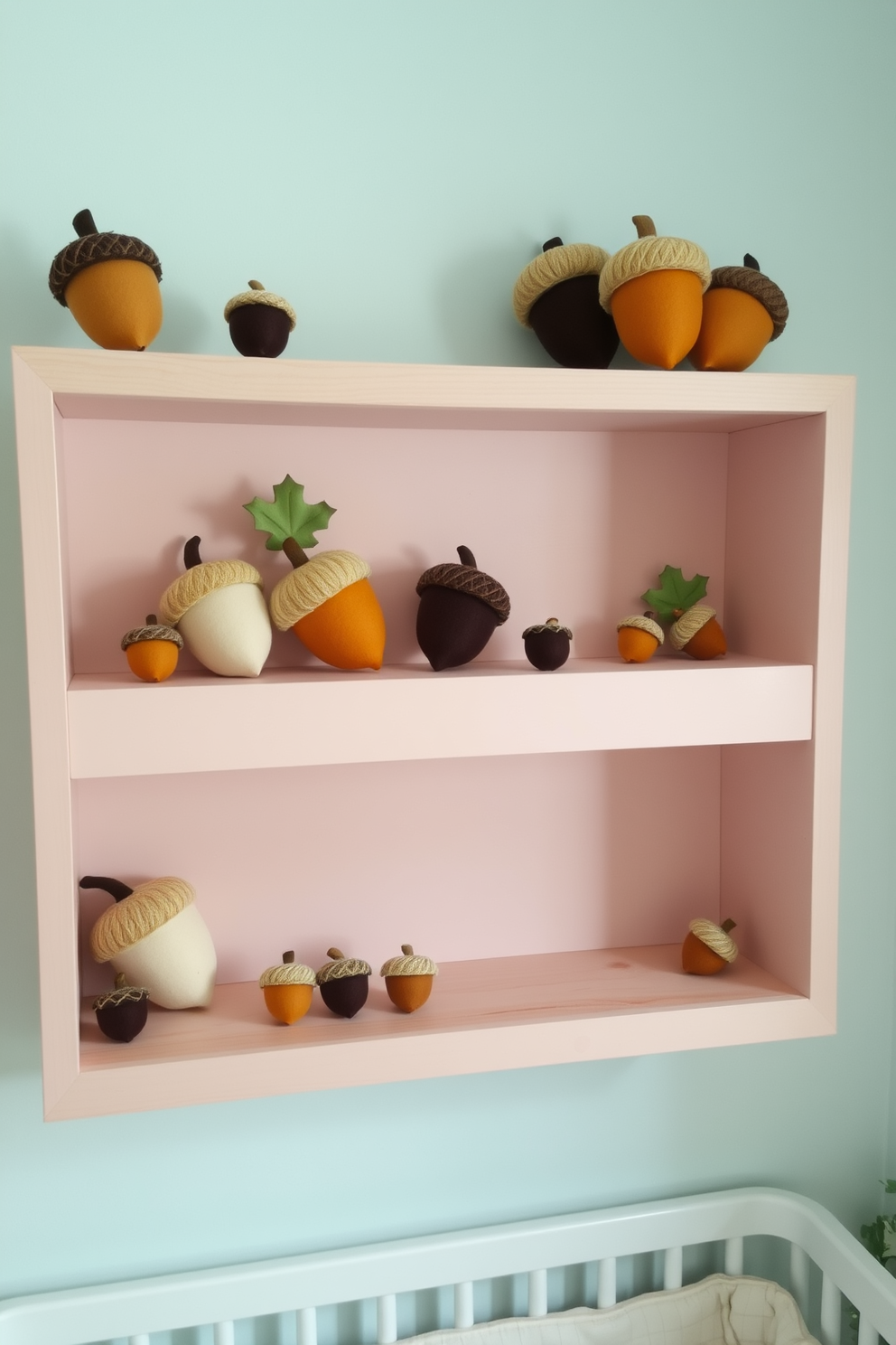 Cute acorn decorations are arranged on wooden shelves in a cozy nursery. The shelves are painted in soft pastel colors, and the acorns are crafted from felt and natural materials, adding a whimsical touch to the space.