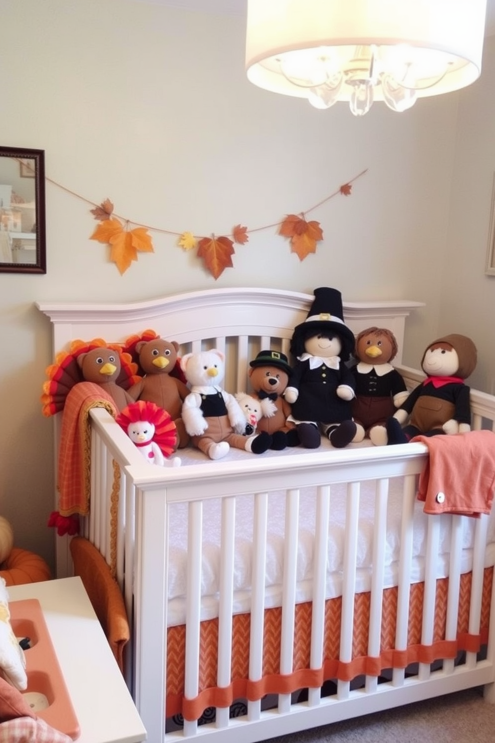 A cozy nursery decorated for Thanksgiving features a variety of stuffed animals dressed as festive characters such as turkeys and pilgrims. The room is adorned with autumn-themed accents like pumpkin pillows and warm-toned blankets, creating a cheerful and inviting atmosphere.