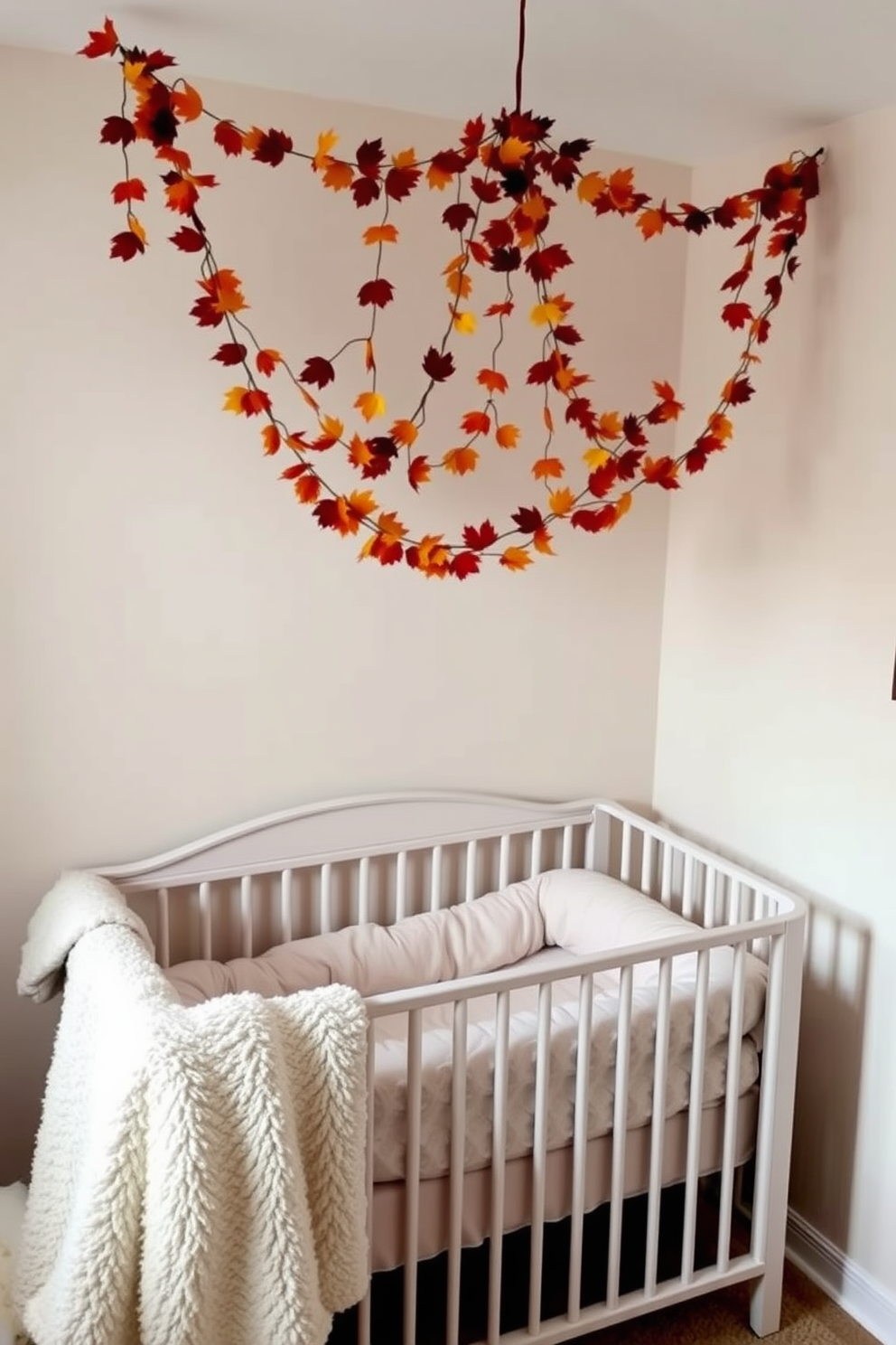 A cozy nursery adorned with autumn leaf garlands hanging gracefully above a crib. The walls are painted in soft cream, and the crib features a plush, neutral-colored bedding set.