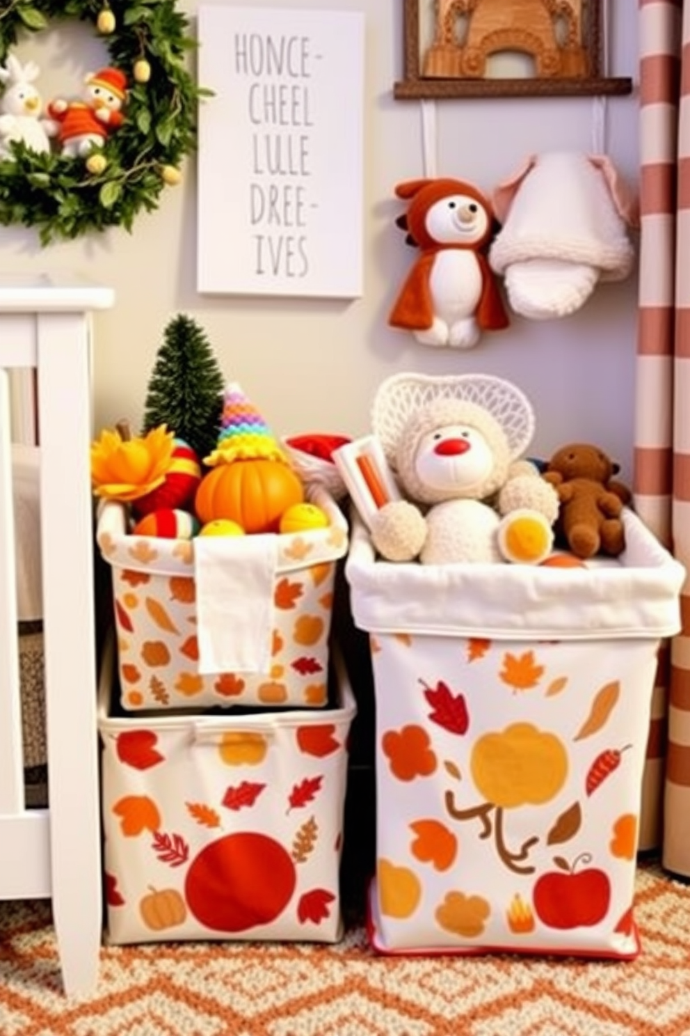 Seasonal toys are neatly organized in decorative storage bins that feature autumn-themed patterns. The nursery is adorned with warm colors and cozy textures, creating a welcoming atmosphere for the Thanksgiving season.