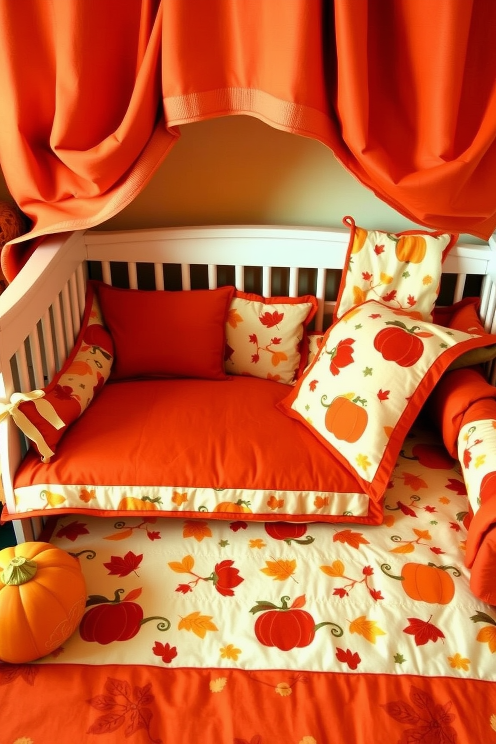 Warm colored bedding with fall motifs creates a cozy and inviting atmosphere in the nursery. The bedding features rich oranges, deep reds, and soft yellows, complemented by whimsical patterns of pumpkins and leaves.