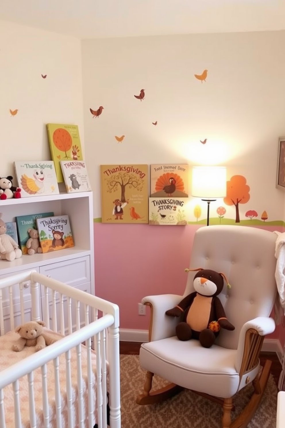 A cozy nursery filled with warmth and joy. Soft pastel colors adorn the walls, while whimsical wall decals of animals and trees create a playful atmosphere. On the shelves, beautifully illustrated Thanksgiving storybooks are displayed alongside plush toys. A comfy rocking chair sits in the corner, inviting parents to read to their little ones.