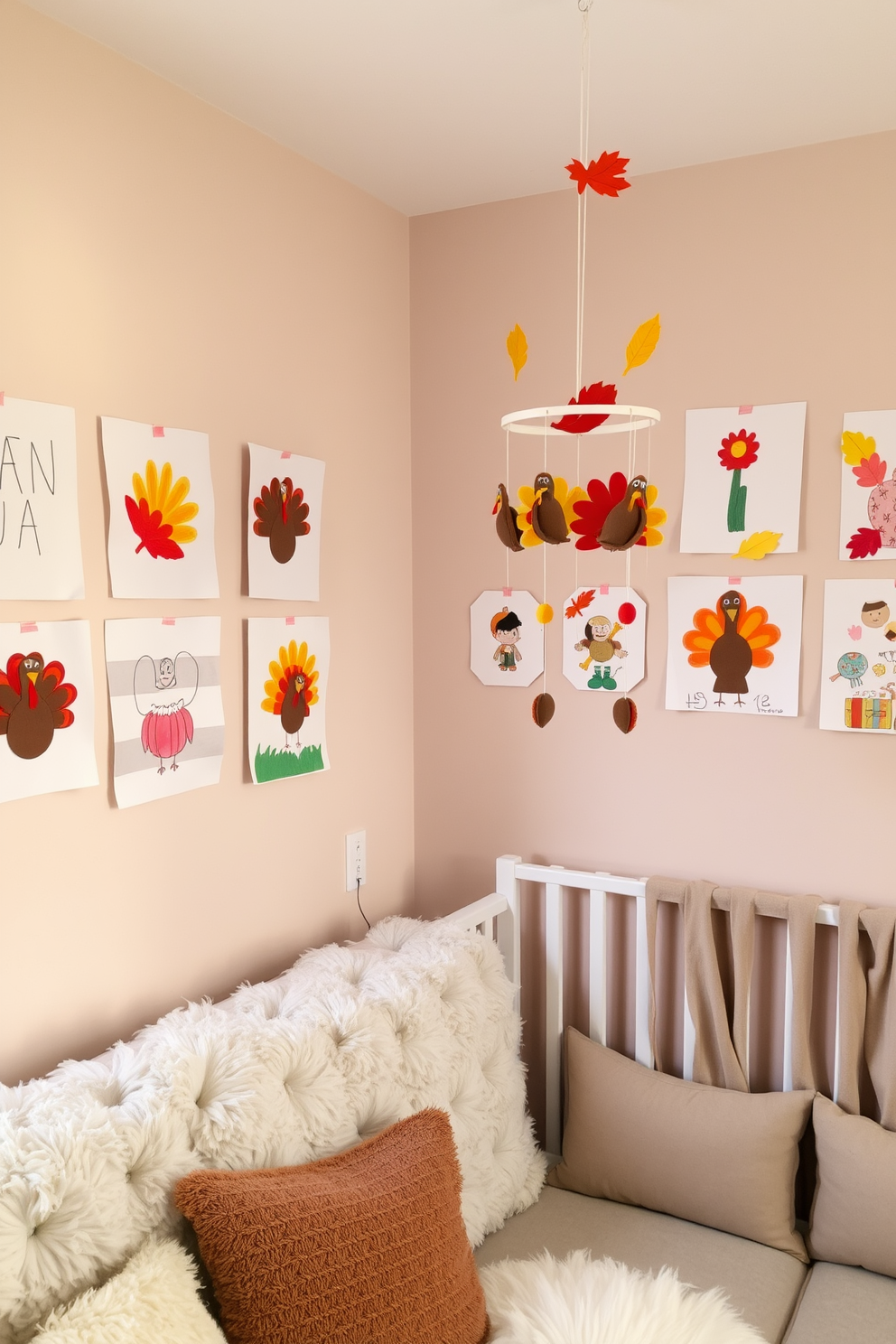 Handmade crafts from kids adorn the walls of a cozy nursery, showcasing colorful drawings and playful sculptures. Soft pastel colors fill the room, creating a warm and inviting atmosphere perfect for Thanksgiving celebrations. A charming Thanksgiving-themed mobile hangs from the ceiling, featuring felt turkeys and autumn leaves. Plush seating in muted tones provides a comfortable spot for reading stories and enjoying family time.