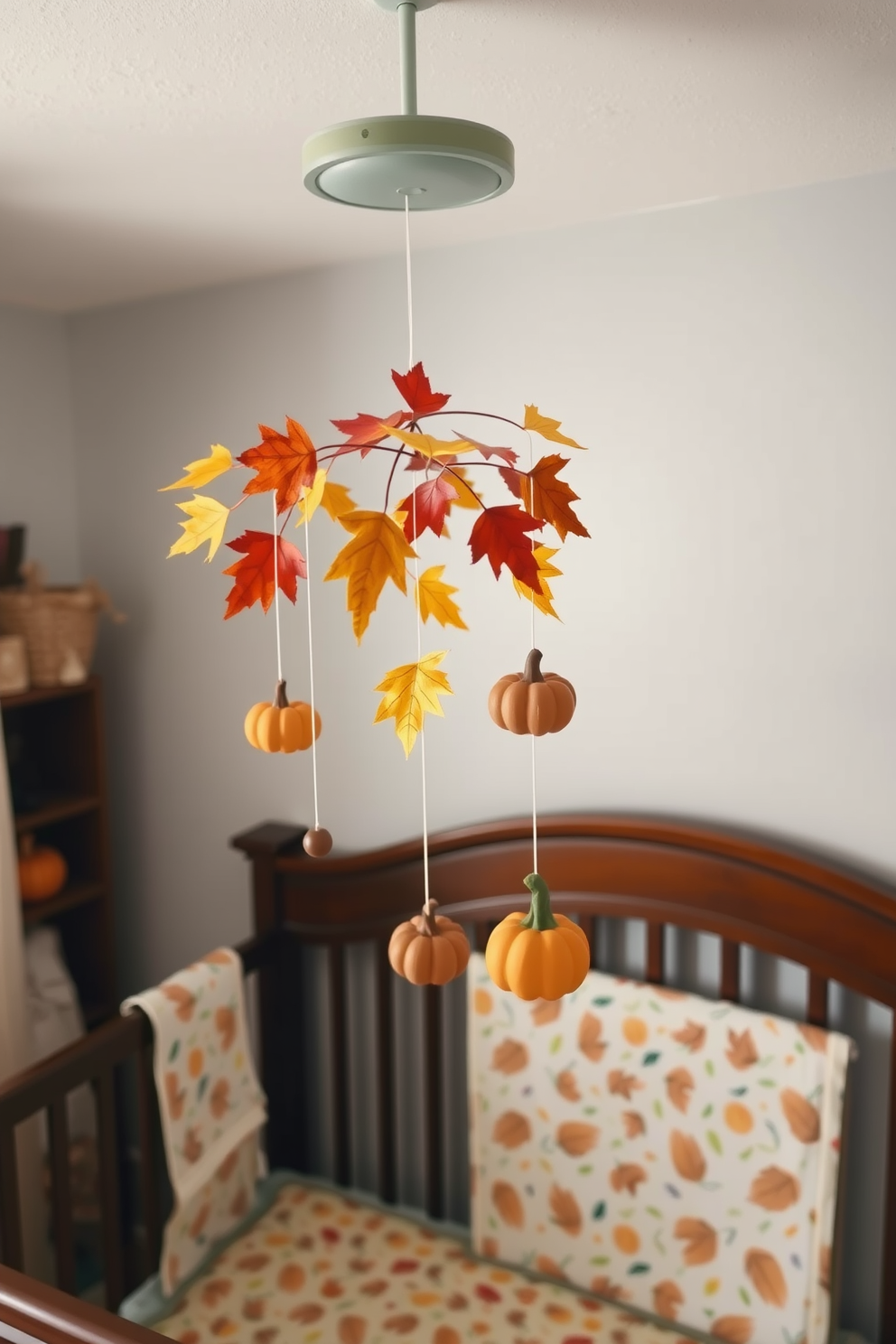 A cozy nursery adorned with a harvest-themed mobile gently hanging from the ceiling. The mobile features colorful leaves, pumpkins, and acorns, creating a festive atmosphere perfect for Thanksgiving.