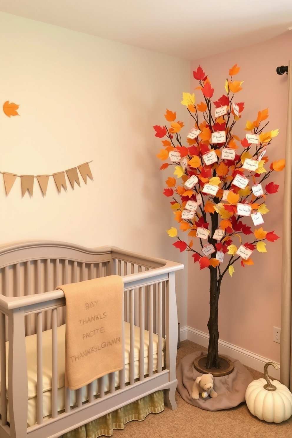 A cozy nursery decorated for Thanksgiving. The walls are adorned with soft pastel colors, and a thankful tree stands in the corner, covered with family gratitude notes written on colorful leaves.