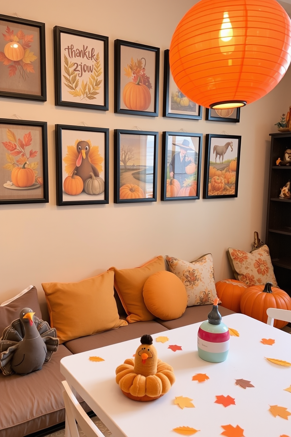 A cozy Thanksgiving themed wall art display features a collection of framed prints showcasing autumn leaves, pumpkins, and harvest scenes. The warm color palette of oranges, browns, and golds creates an inviting atmosphere perfect for the holiday season. In the Thanksgiving playroom, playful decorations include plush turkeys, fall-themed cushions, and a festive table for crafting activities. The space is designed to inspire creativity and fun while celebrating the spirit of gratitude and togetherness.