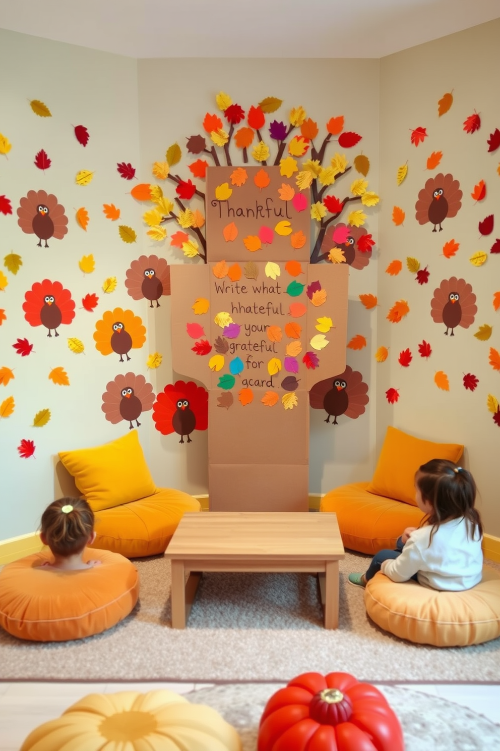 A cozy playroom setting designed for children to celebrate Thanksgiving. The walls are adorned with colorful paper leaves and hand-drawn turkeys, creating a festive atmosphere. In the center, a large thankful tree made from cardboard stands tall, inviting kids to write what they are grateful for on colorful paper cutouts. Plush seating in warm autumn colors surrounds a low table where children can gather to craft and decorate their own Thanksgiving-themed art.