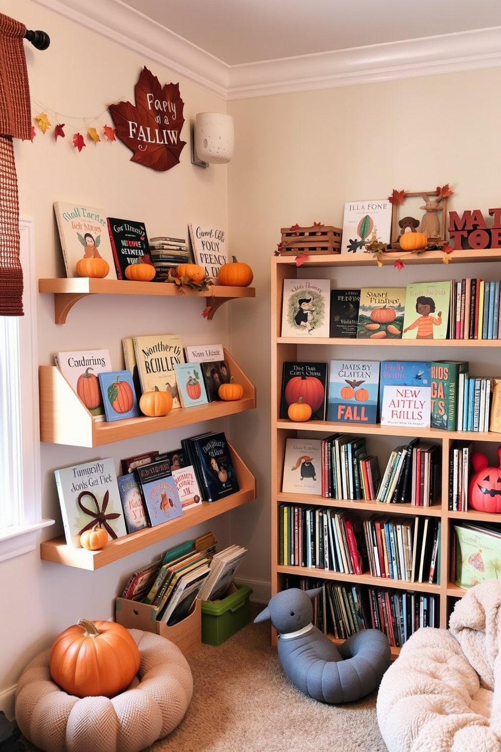 A cozy playroom adorned with seasonal bookshelves filled with fall-themed titles. The shelves are crafted from warm wood and decorated with small pumpkins and autumn leaves, creating a festive atmosphere.