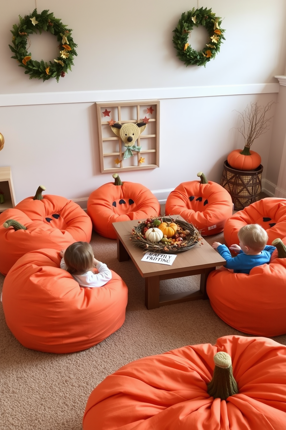 A cozy playroom filled with pumpkin themed bean bag chairs creates a festive atmosphere for Thanksgiving. The chairs are arranged around a low wooden table adorned with autumn decorations, inviting kids to enjoy their creative activities.