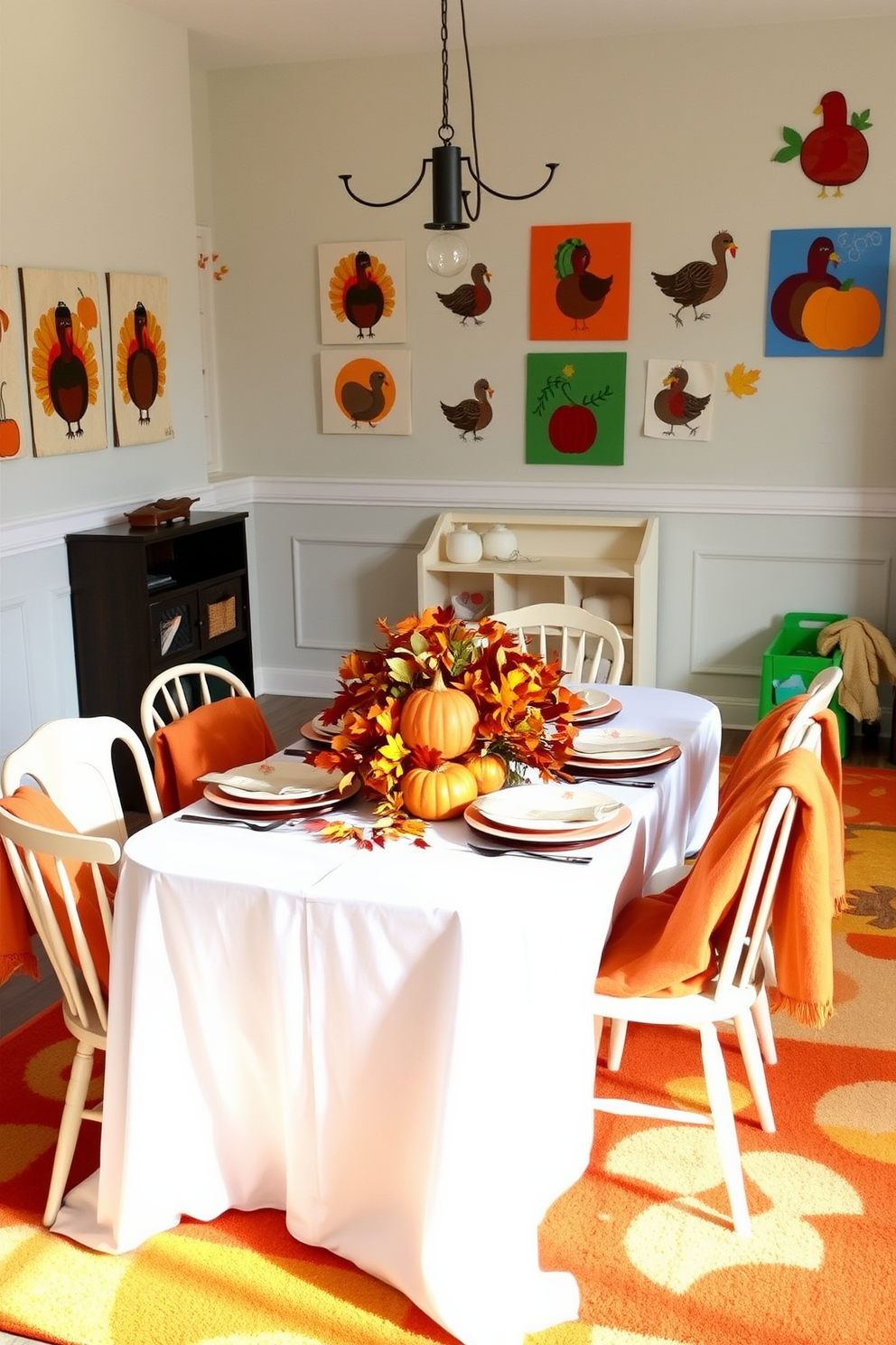 A festive Thanksgiving table setting is adorned with a crisp white tablecloth and a vibrant centerpiece of autumn leaves and pumpkins. Surrounding the table are mismatched chairs, each draped with cozy blankets in warm tones, inviting family and friends to gather. The playroom is decorated with playful elements such as colorful wall art featuring turkeys and fall themes. Soft rugs in shades of orange and yellow provide a comfortable area for children to sit and enjoy their holiday crafts and games.