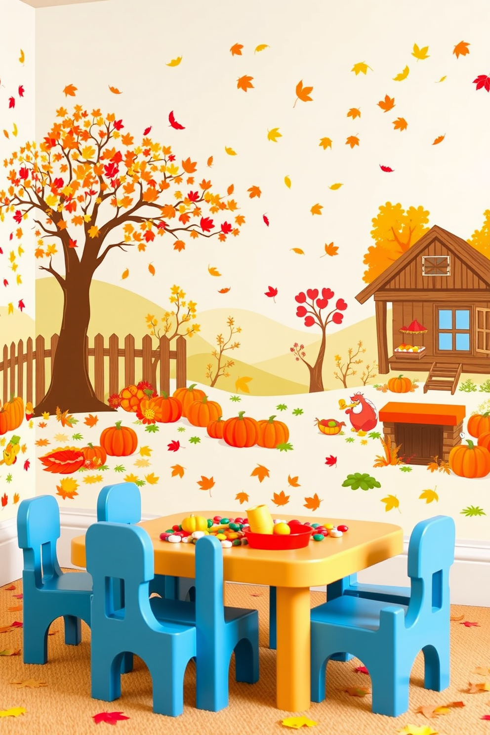 Create a playful and inviting playroom filled with wall decals depicting vibrant autumn scenes such as falling leaves, pumpkins, and cozy harvest settings. The color palette should include warm oranges, deep reds, and golden yellows to create a cheerful atmosphere for children to enjoy.