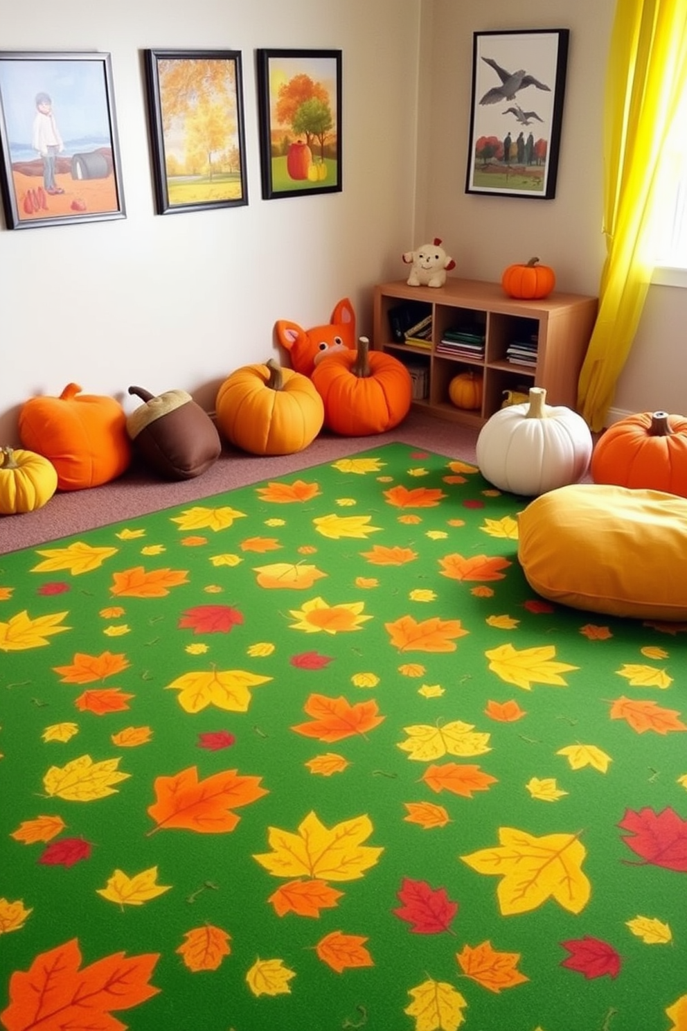 A nature-inspired play mat features a vibrant green background adorned with various leaf patterns in shades of yellow and orange. The design creates a warm and inviting atmosphere perfect for a Thanksgiving-themed playroom. The playroom is decorated with soft cushions shaped like acorns and pumpkins, adding a playful touch to the space. Wall art depicting autumn scenes and a cozy reading nook complete the festive and nature-themed environment.