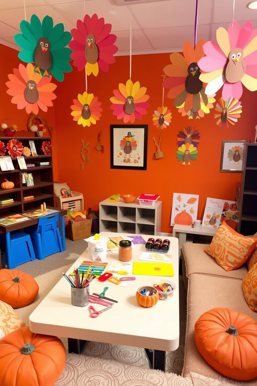 A cozy playroom filled with crafts inspired by Thanksgiving traditions. There are colorful paper turkeys hanging from the ceiling and a table covered with autumn-themed art supplies. The walls are painted in warm orange tones, creating a welcoming atmosphere. Plush seating with pumpkin-patterned cushions invites children to gather and create festive decorations.