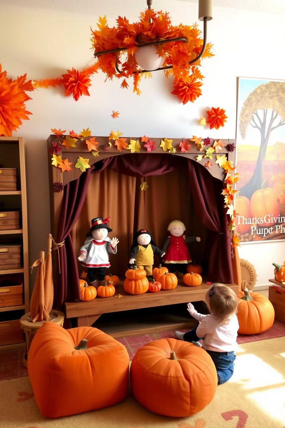 Thanksgiving puppet theater for storytelling. A cozy playroom filled with colorful decorations and festive autumn-themed puppets, showcasing a wooden stage adorned with fall leaves and pumpkins. Thanksgiving playroom decorating ideas. The space features a warm color palette with orange and gold accents, plush seating, and a large mural depicting a harvest scene, inviting children to engage in imaginative play.