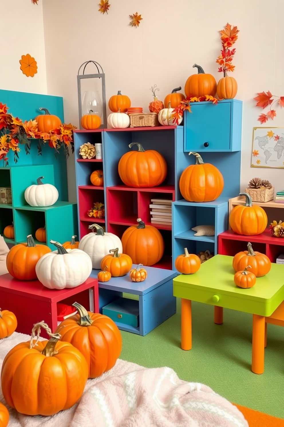 Decorative pumpkins in various sizes are scattered across a vibrant playroom. The pumpkins are arranged on colorful shelves and tables, complemented by playful autumn-themed decorations and soft, cozy textiles.