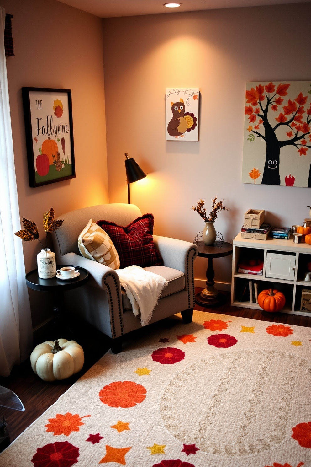 Cozy reading nook with fall pillows. A plush armchair is nestled in the corner, surrounded by warm, ambient lighting and a small side table holding a steaming cup of tea. Thanksgiving playroom decorating ideas. The walls are adorned with playful autumn-themed artwork, and a large area rug features vibrant colors that invite children to sit and play.