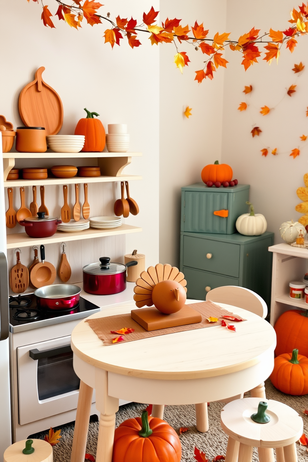 A cozy play kitchen filled with Thanksgiving-themed accessories. There are miniature pots and pans in warm autumn colors, along with a small wooden turkey centerpiece on the table. The playroom is adorned with festive decorations for Thanksgiving. Plush pumpkins and fall leaves are scattered around, creating a warm and inviting atmosphere for children to enjoy.