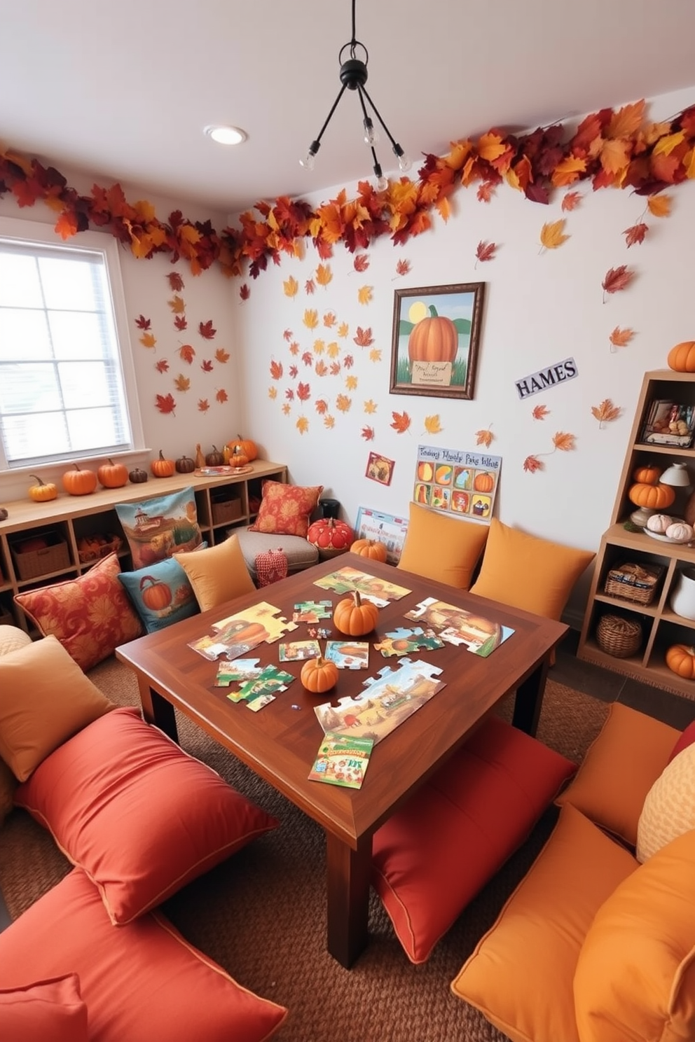 A cozy Thanksgiving playroom filled with harvest-themed puzzles and games. The walls are adorned with autumn leaves and pumpkins, creating a warm and inviting atmosphere. A large wooden table is set up in the center with various puzzles featuring fall scenes and games that celebrate the season. Soft cushions in shades of orange and yellow are scattered around for comfortable seating.