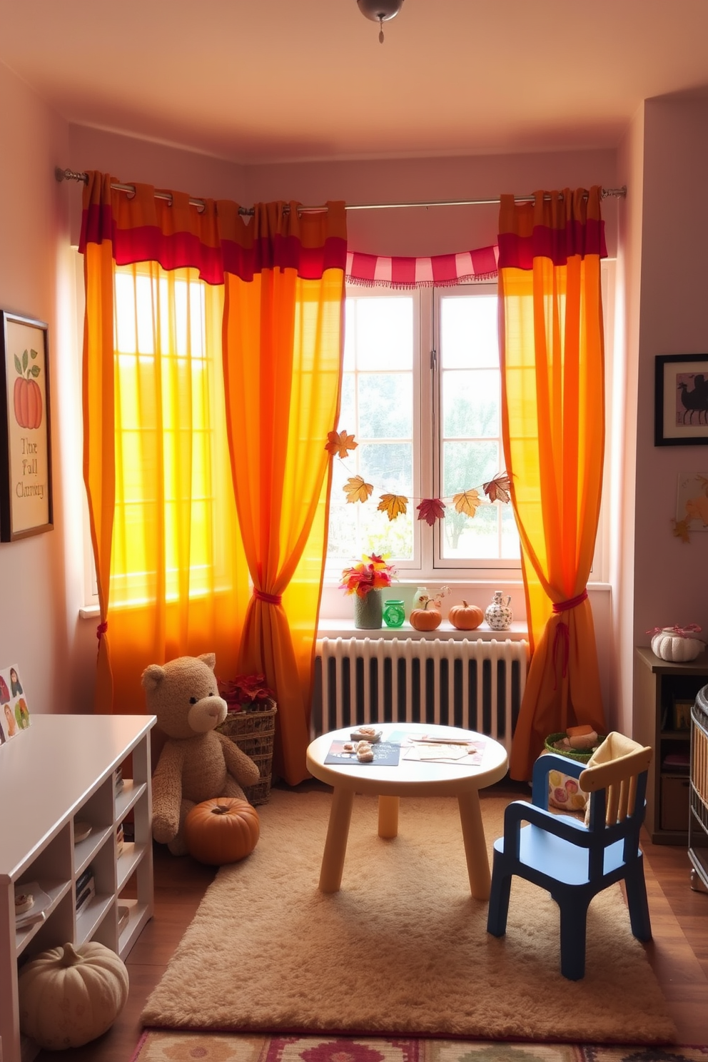 A cozy playroom filled with autumn colored curtains that bring warmth to the space. The curtains are complemented by playful wall art and a soft area rug that adds comfort for children. Thanksgiving themed decorations adorn the playroom, featuring a mix of pumpkins and fall leaves. A small table is set up for crafts, inviting creativity and festive spirit among the kids.