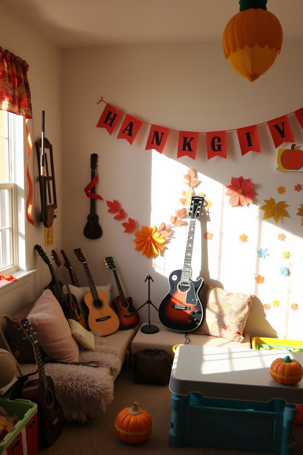 Thanksgiving music corner filled with various instruments. A cozy seating area with plush cushions invites family to gather and enjoy festive melodies. Thanksgiving playroom decorated with autumn-themed accents. Colorful banners and playful decorations create a cheerful atmosphere for children to celebrate the holiday.