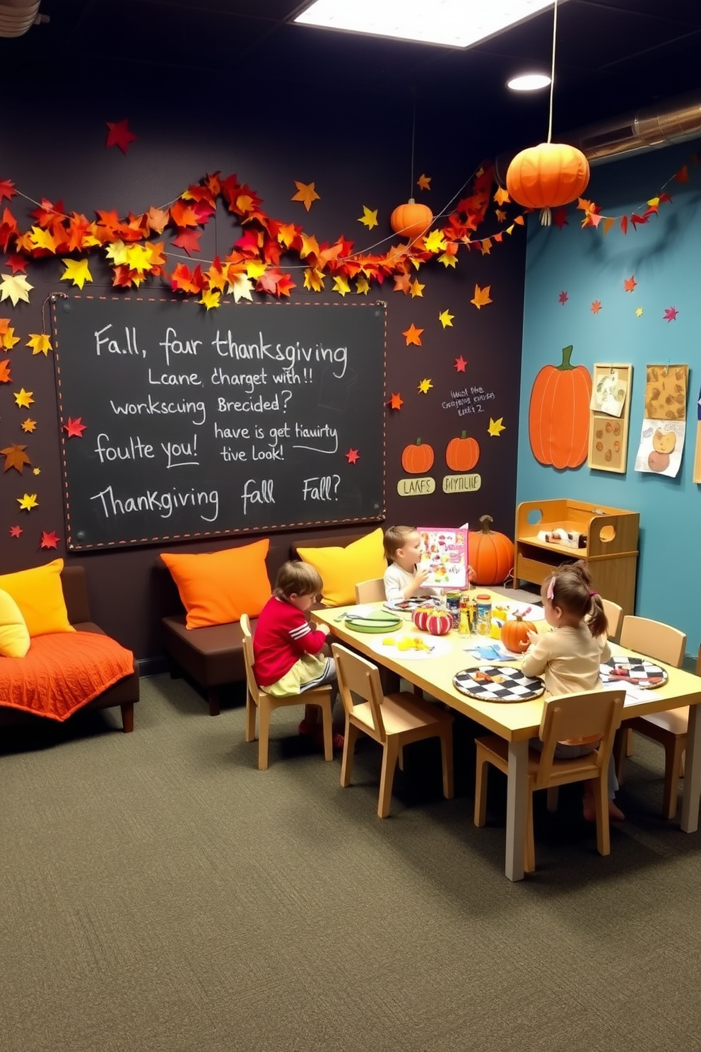 A vibrant playroom designed for Thanksgiving festivities. The interactive wall features a large chalkboard section where children can draw and write messages, surrounded by colorful decorations of autumn leaves and pumpkins. Cozy seating areas are arranged with plush cushions and blankets in warm fall colors. A festive table is set up for craft activities, adorned with various supplies for creating Thanksgiving-themed art projects.