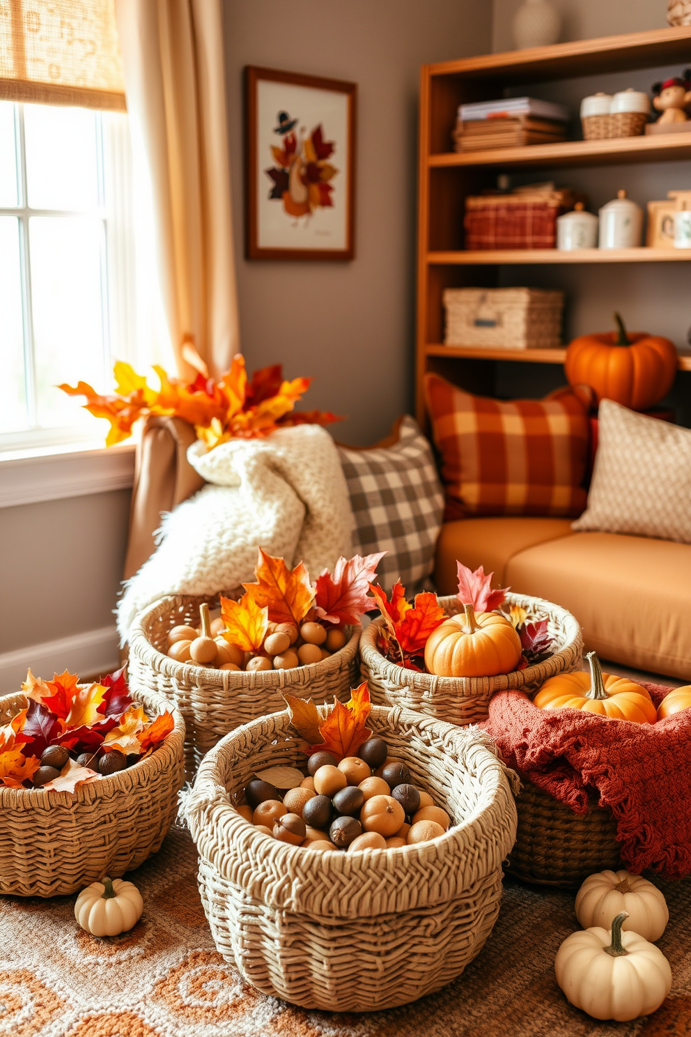 Create a warm and inviting playroom that captures the essence of fall. Incorporate a variety of textured baskets filled with colorful leaves, acorns, and small pumpkins to enhance the seasonal theme. Design a cozy corner with plush seating and soft blankets where children can gather to enjoy their treasures. Use warm earth tones and playful patterns to create a cheerful atmosphere that celebrates Thanksgiving.