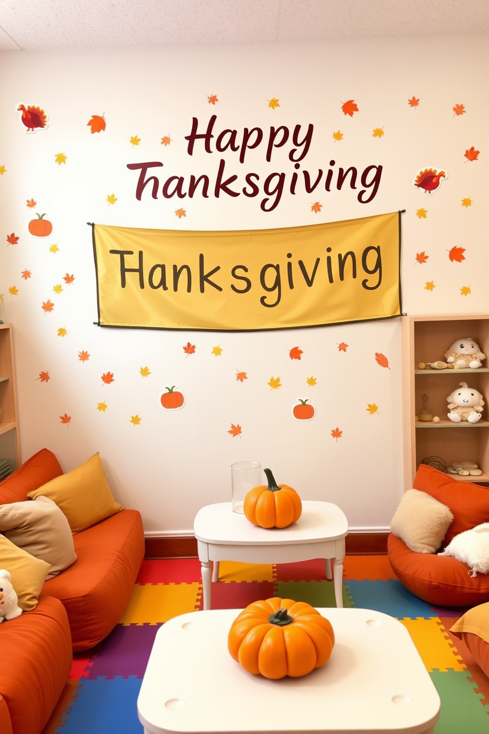 Thanksgiving themed stickers featuring pumpkins, turkeys, and autumn leaves are scattered across the walls of a cozy playroom. A large banner reading Happy Thanksgiving hangs above a colorful play mat, creating a festive atmosphere for children to enjoy. The playroom is filled with plush toys and soft seating in warm fall colors, inviting kids to relax and play. A table adorned with a small centerpiece of mini pumpkins serves as a craft station for holiday-themed activities.