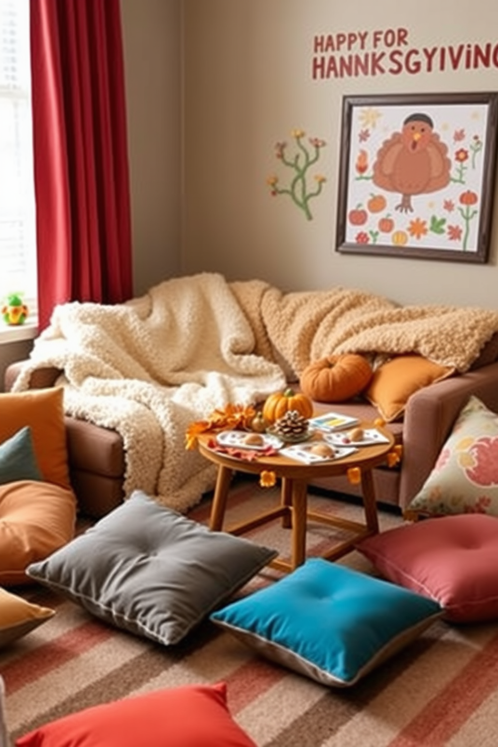 Cozy blankets are draped over a plush sofa in a warm and inviting playroom. Soft, colorful cushions are scattered around the room to create a comfortable space for storytime snuggles. The walls are adorned with cheerful artwork that celebrates the Thanksgiving theme. A small table is set up with autumn-themed decorations, inviting children to gather around for crafts and activities.