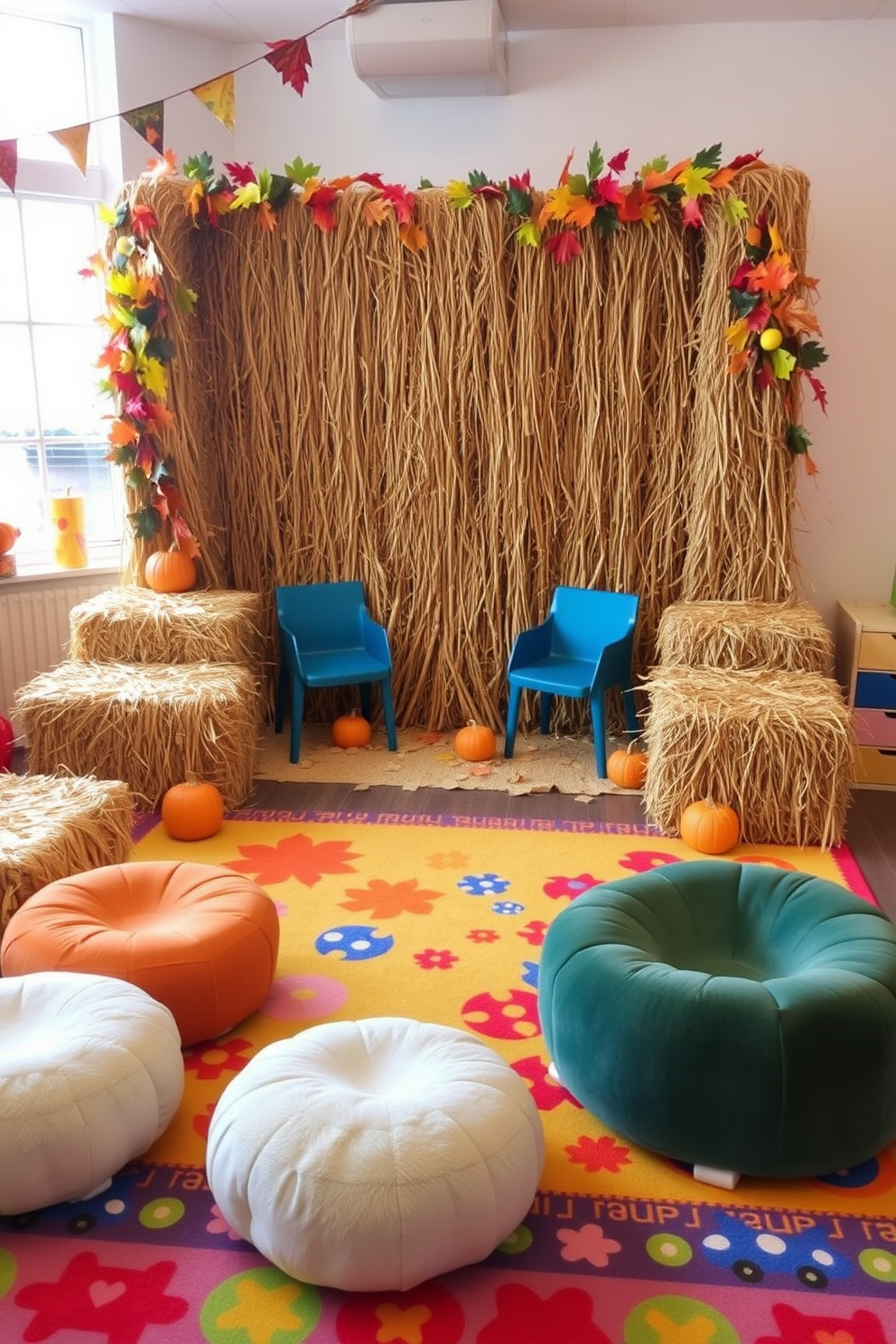 A cozy harvest festival photo booth setup with bales of hay arranged in a semi-circle. Colorful autumn leaves and pumpkins are scattered around, creating a festive backdrop. A playful playroom decorated with bright, cheerful colors and whimsical patterns. Soft, plush seating options are arranged around a large, colorful rug, inviting children to explore and play.