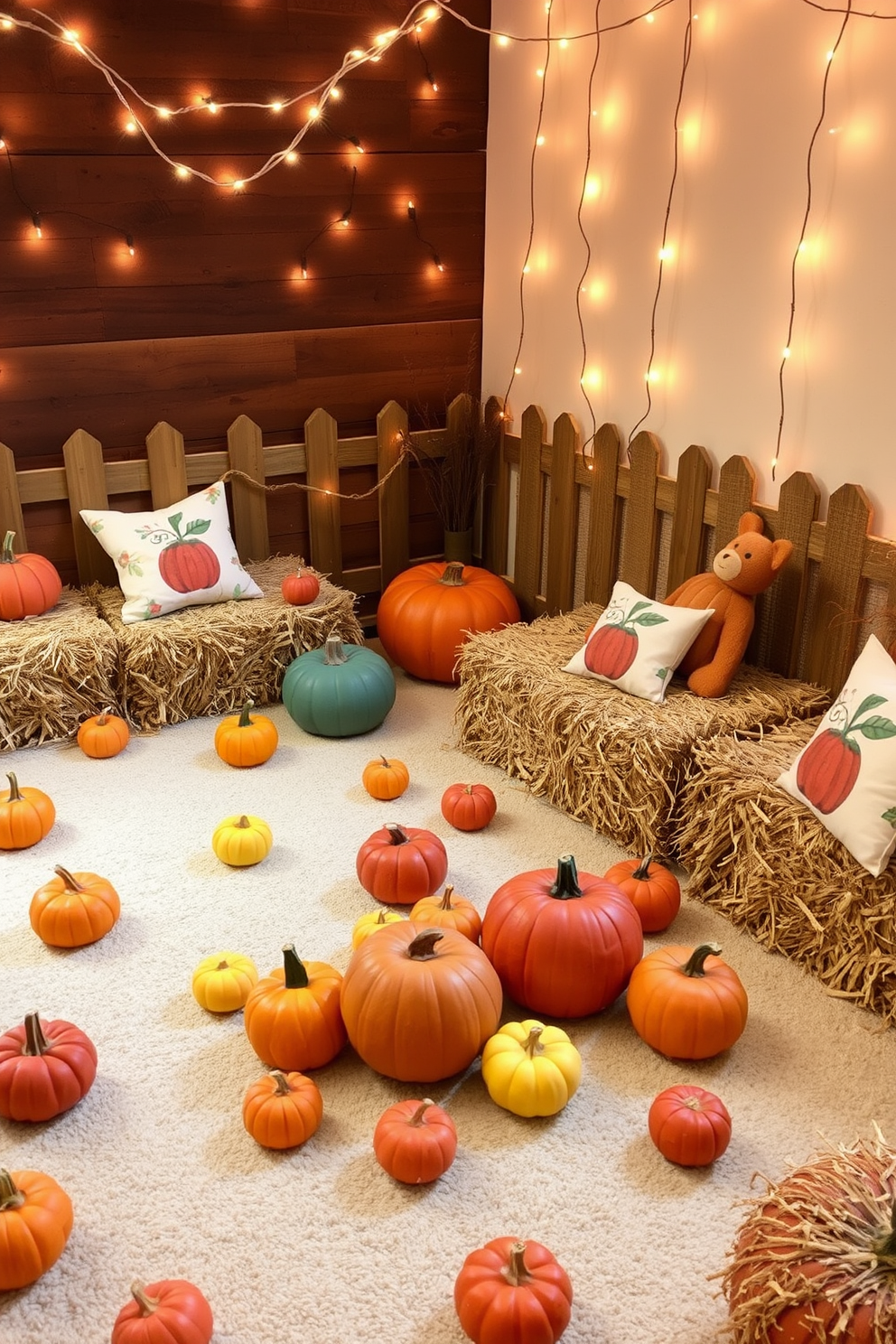 A charming pumpkin patch sensory play area designed for Thanksgiving. The space features colorful pumpkins of various sizes scattered across a soft, textured mat, inviting children to explore and engage with the seasonal theme. Decorative hay bales serve as seating and play surfaces, while autumn-themed cushions add comfort. Strings of warm fairy lights hang overhead, creating a cozy and inviting atmosphere for festive playtime.