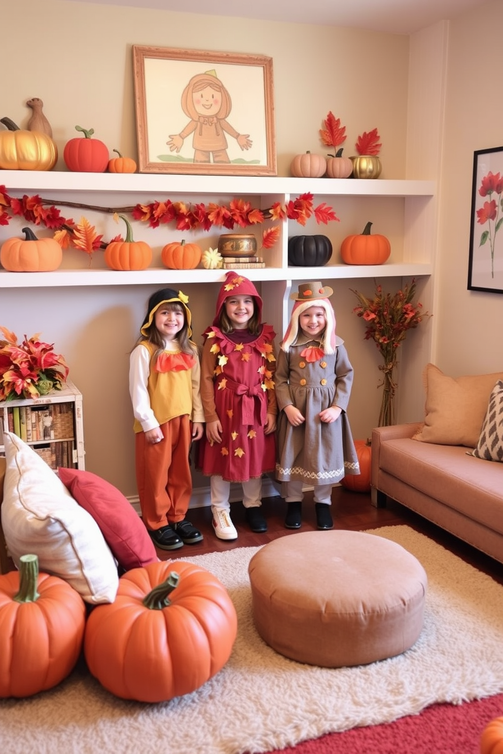 Thanksgiving themed dress-up costumes. Create a cozy atmosphere with warm colors and textures, featuring costumes inspired by autumn leaves and harvest themes. Thanksgiving Playroom Decorating Ideas. Incorporate playful elements like pumpkin decorations, fall-themed wall art, and soft, inviting seating arrangements for children to enjoy.