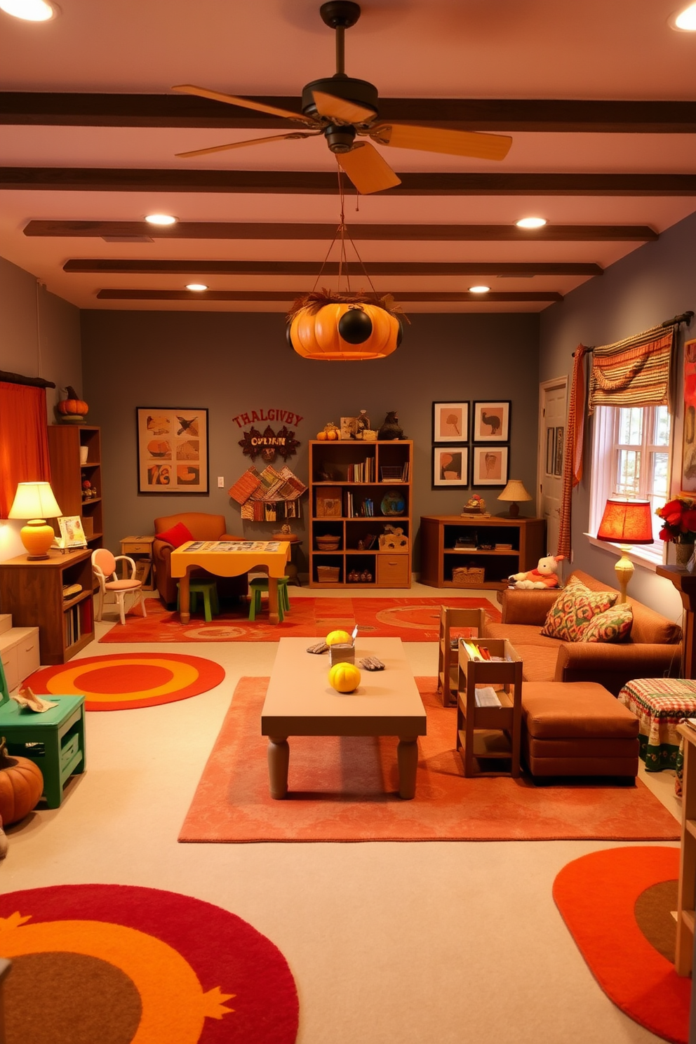 A cozy playroom filled with autumn colored rugs that add warmth and comfort to the space. The walls are adorned with playful artwork and the furniture is arranged to create inviting areas for games and activities. Thanksgiving themed decorations enhance the festive atmosphere, featuring a large table set for a family gathering. Soft lighting casts a warm glow over the room, highlighting the rich hues of orange, red, and yellow in the decor.