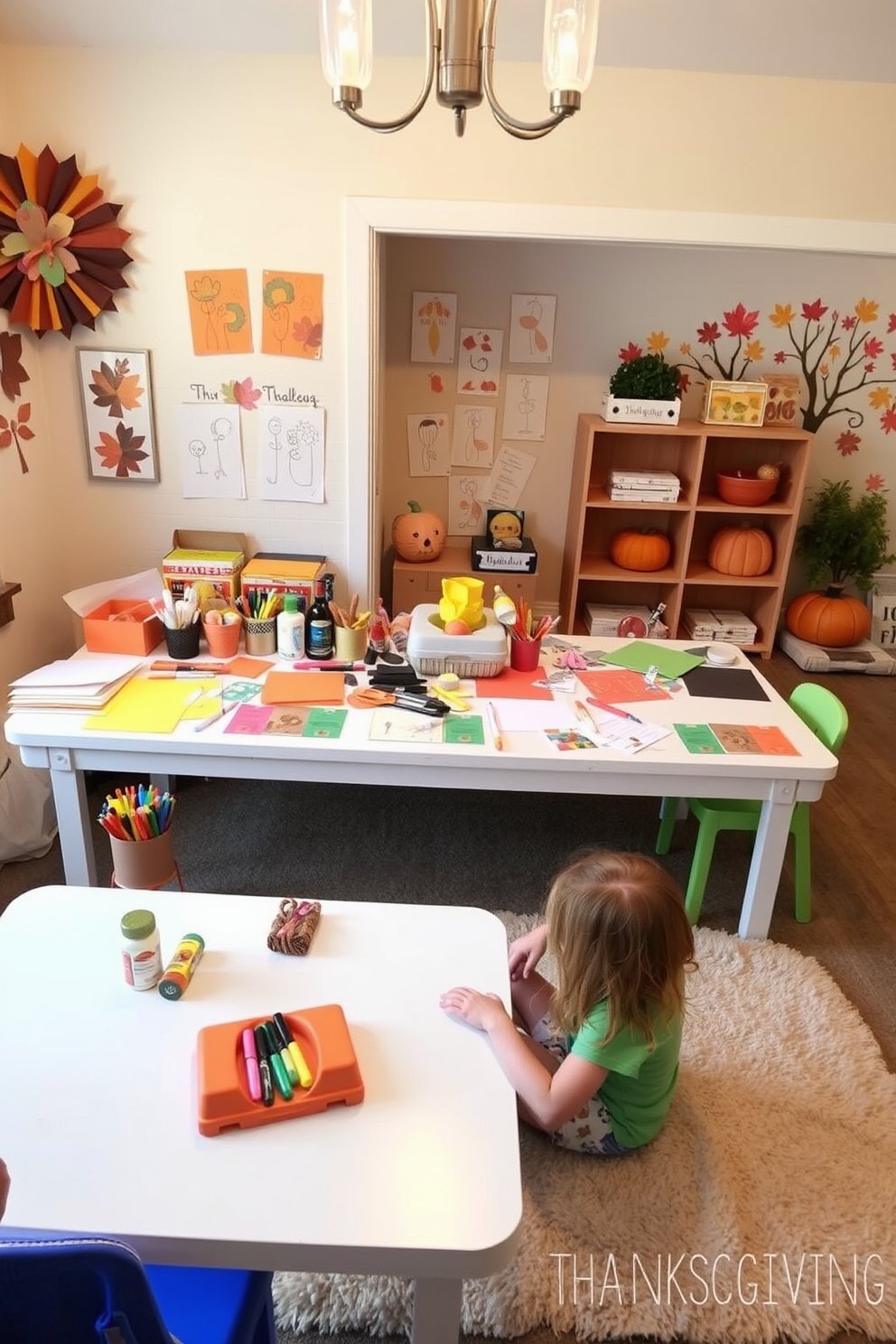 A cozy Thanksgiving craft station filled with colorful supplies. A large table is covered with craft paper, markers, scissors, and glue, surrounded by cheerful decorations. A playful Thanksgiving-themed playroom designed for kids. The walls are adorned with autumn-colored artwork, and a soft rug provides a comfortable space for children to engage in festive activities.