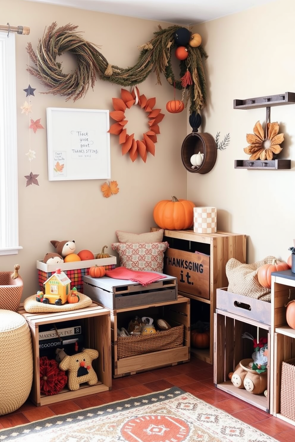 A cozy playroom designed for Thanksgiving featuring wooden crates as toy storage solutions. The walls are adorned with autumn-themed decorations, and a warm color palette creates an inviting atmosphere.