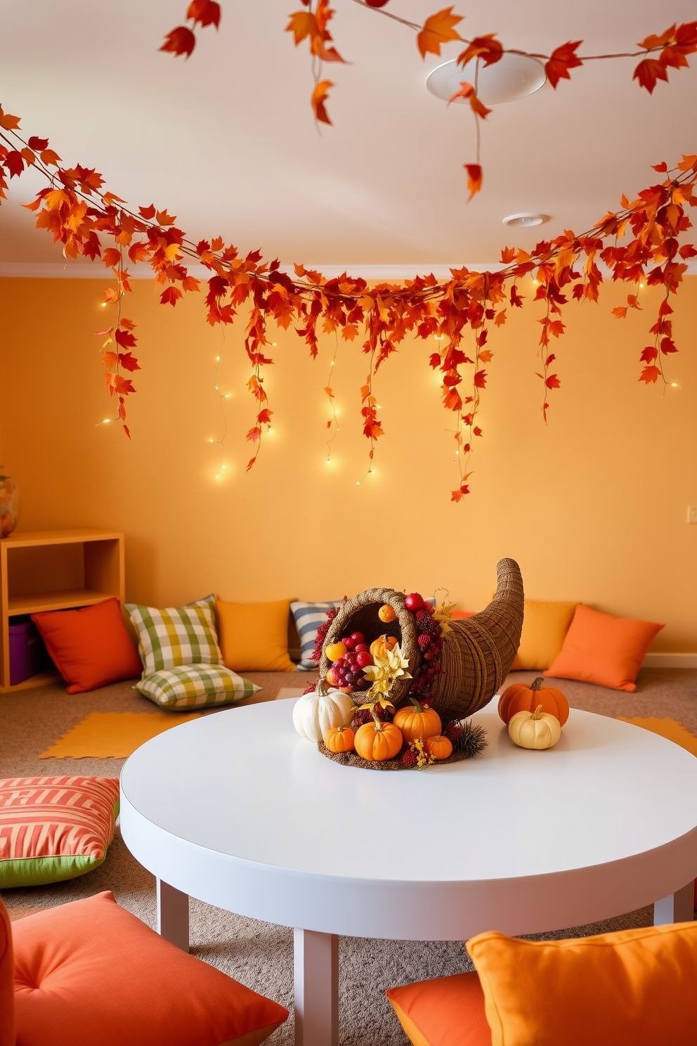 A vibrant playroom adorned with a fall leaf garland that drapes gracefully across the ceiling. The walls are painted in warm autumn hues, and colorful cushions are scattered around for a cozy seating area. Thanksgiving-themed decorations are tastefully arranged on a central table, featuring a cornucopia filled with faux fruits and mini pumpkins. Twinkling fairy lights add a whimsical touch, creating a festive atmosphere for family gatherings.