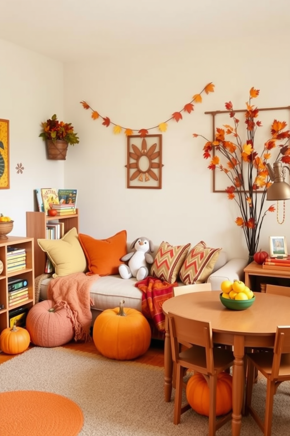 Create an inviting Thanksgiving story corner featuring a cozy reading nook with plush cushions and warm-toned blankets. Surround the space with autumn-themed decorations like pumpkins, leaves, and a small bookshelf filled with seasonal books. Design a playful Thanksgiving playroom that encourages creativity and interaction. Incorporate a large table for crafts, colorful rugs for play areas, and wall art that reflects the spirit of the holiday.