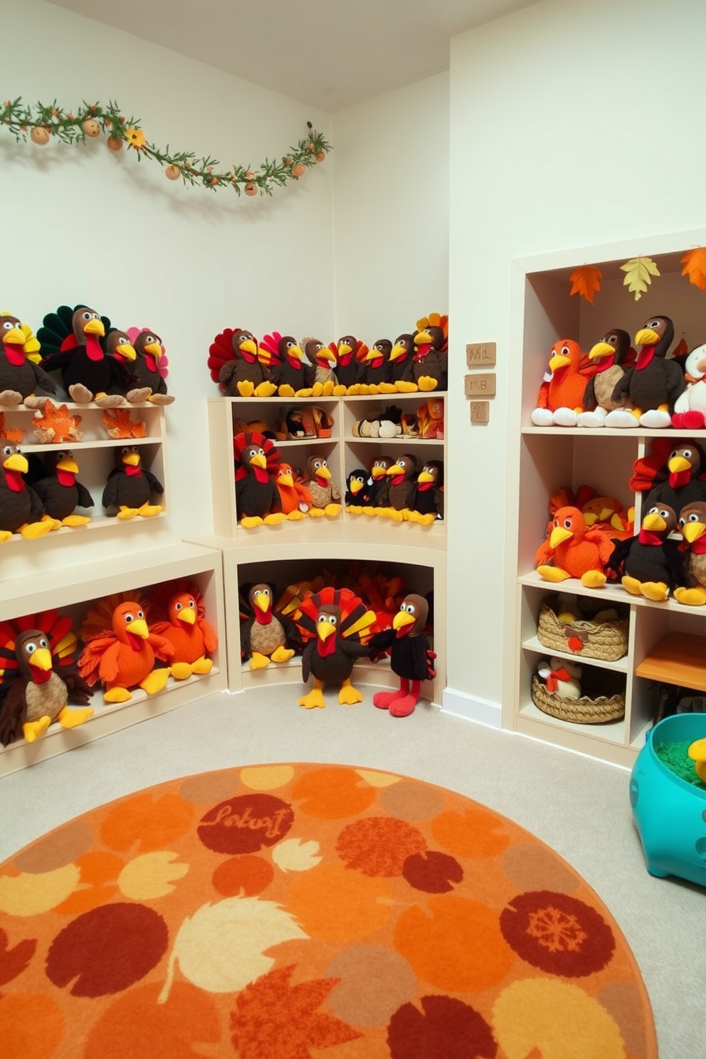 A cozy playroom filled with colorful stuffed turkey plush toys arranged on shelves and in playful corners. The walls are adorned with autumn-themed decorations, and a large rug featuring fall colors covers the floor, creating a warm and inviting atmosphere.