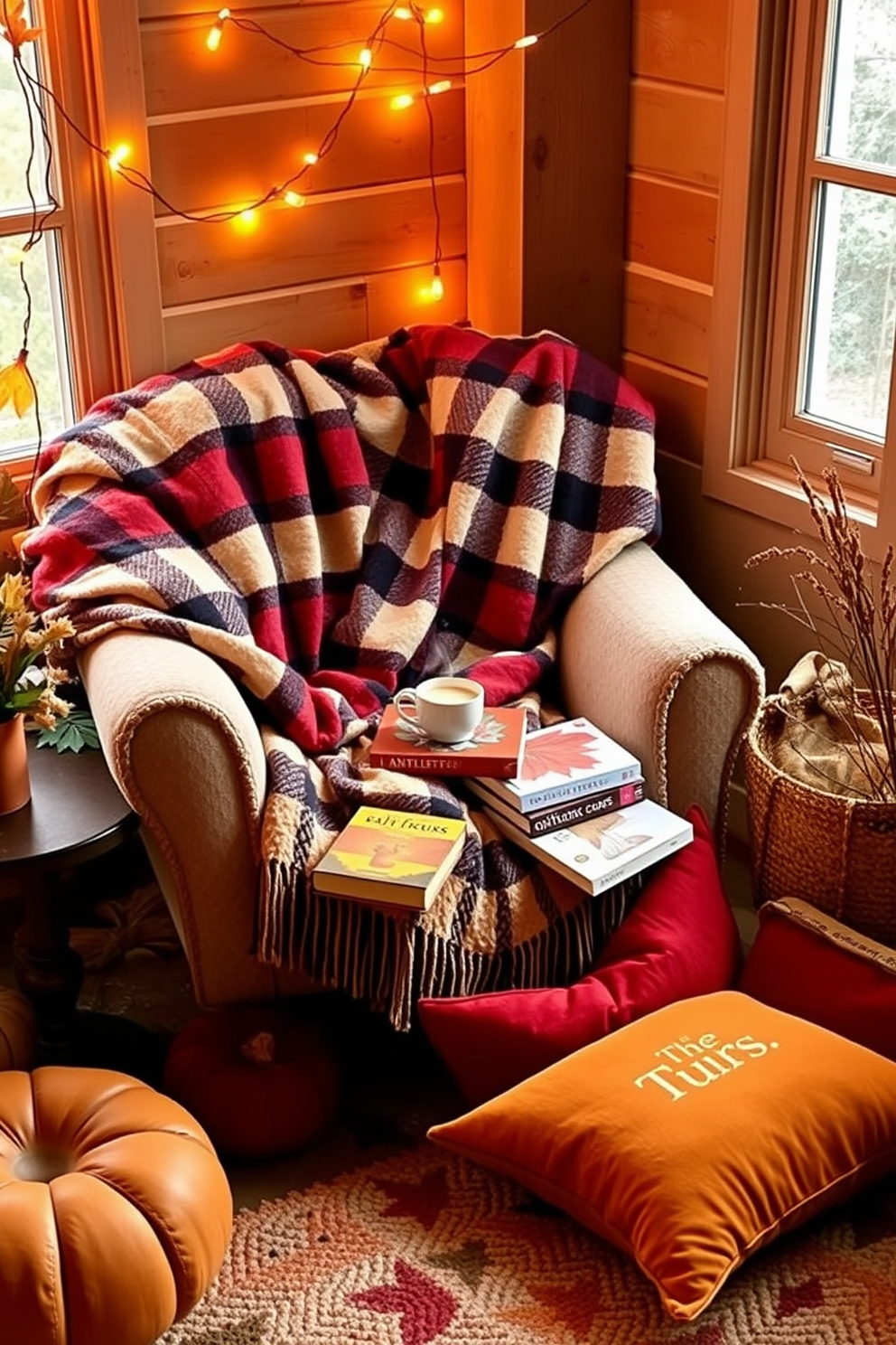 Cozy plaid blankets are draped over a plush armchair, inviting warmth and comfort. A small side table holds a steaming cup of tea and a stack of autumn-themed books, creating the perfect spot for relaxation. Soft cushions in rich autumn hues are scattered across the floor, enhancing the inviting atmosphere. The nook is illuminated by warm fairy lights strung overhead, adding a touch of magic to the Thanksgiving reading experience.