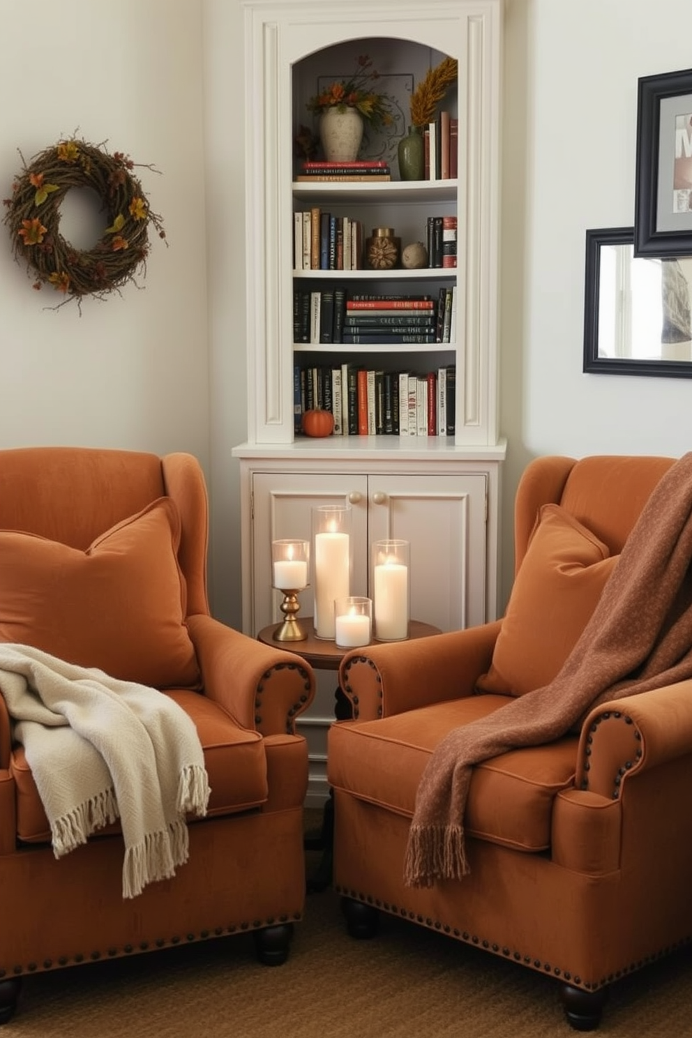 Cozy reading nook featuring plush armchairs in warm earth tones. A small side table adorned with candle holders filled with autumn scents creates a welcoming atmosphere. Soft blankets are draped over the armrests for added comfort. A bookshelf filled with seasonal decor and favorite reads completes the inviting space.